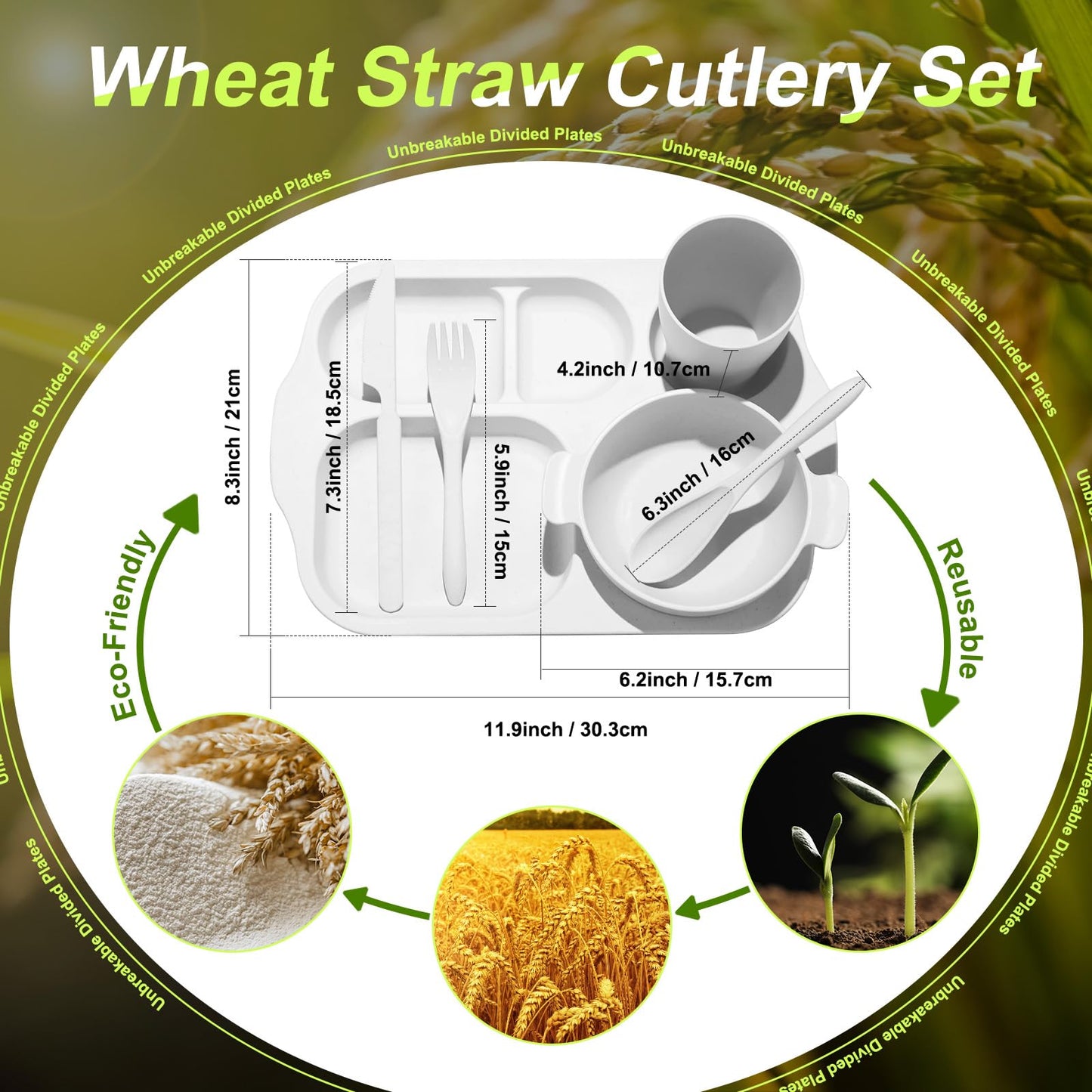 24 Pcs Wheat Straw Dinnerware Cutlery Set for Aldult Including Divided Plates Microwave Dishwasher Safe Bowl Unbreakable Tableware Straw Cutlery Spoon Knife Fork(White)