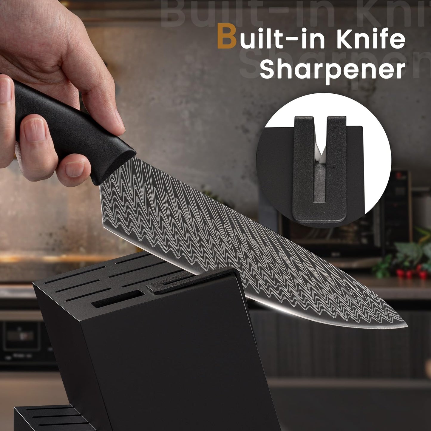 Knife Set, Amorston 15 Pieces Kitchen Knife Set with Built in Knife Sharpener, High Carbon German Stainless Steel Knife Block Set, Black Dishwasher Safe Knives Set, Mothers Day Gifts