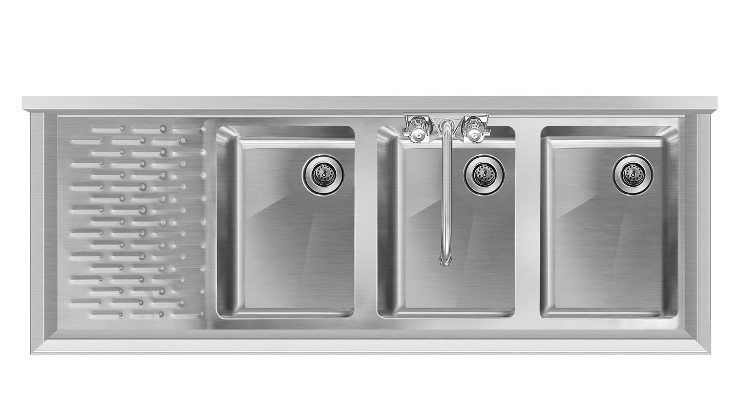 KoolMore 48 in. Three-Compartment Commercial Under-Bar Sink with 3 in. Backsplash, Left Drainboard and Low Lead Faucet, NSF Certified in Stainless Steel