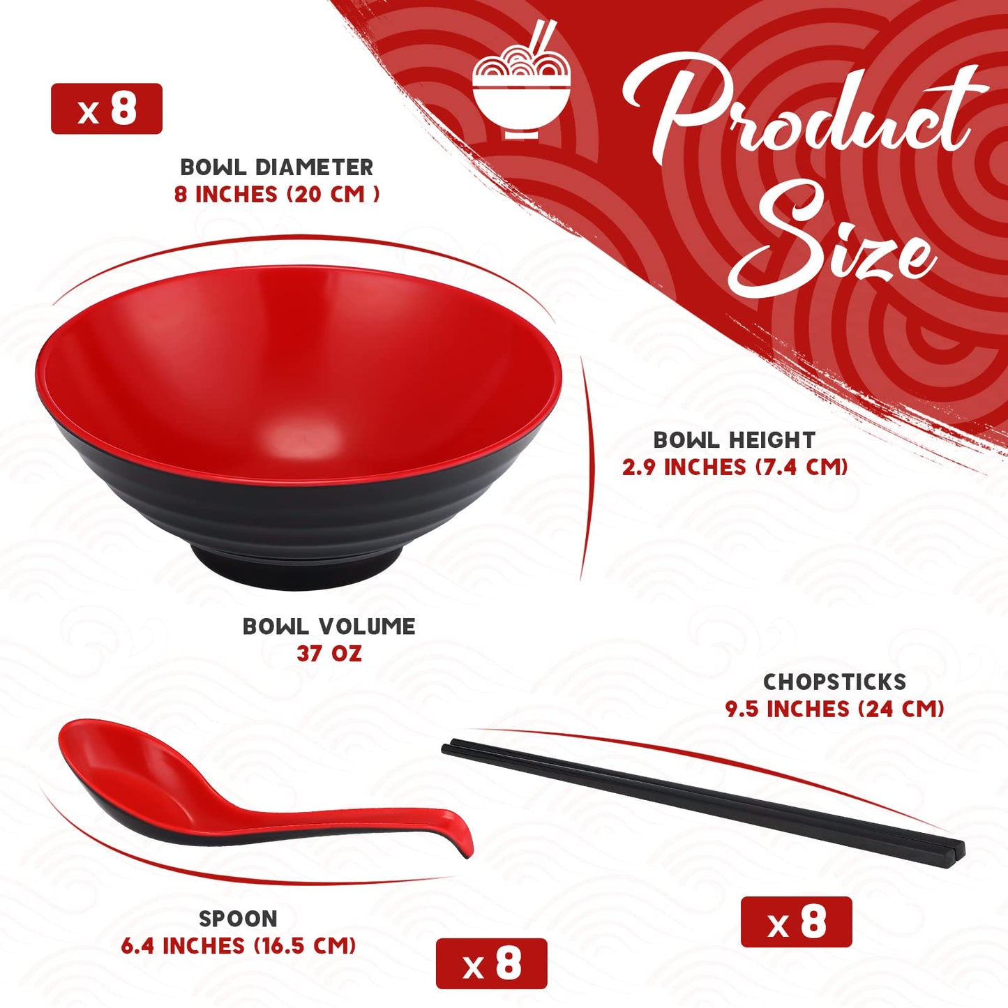 Eaasty 24 Pcs 8 Set Ramen Bowls Japanese Style Noodles Asian Chinese Large Soup Bowls with Spoons and Chopsticks for Ramen Pho Udon Soba Asian Dishes
