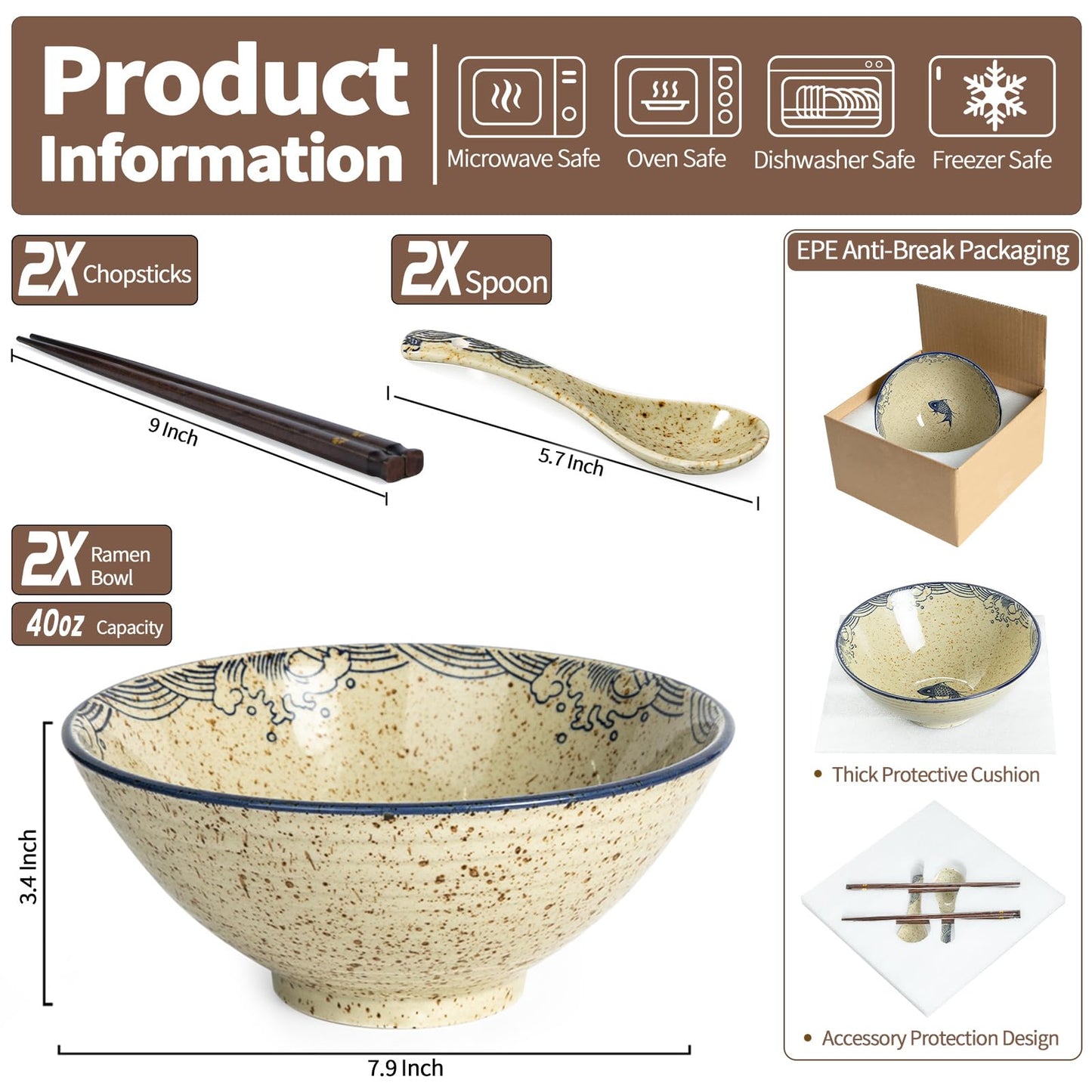 Niturceal Ceramic Ramen Bowl Set of 2, 40oz Japanese Noodle Bowls with Spoons & Chopsticks Porcelain Large Soup Bowl for Pho, Udon, Retro Style Tableware Microwave & Dishwasher Safe, Fish