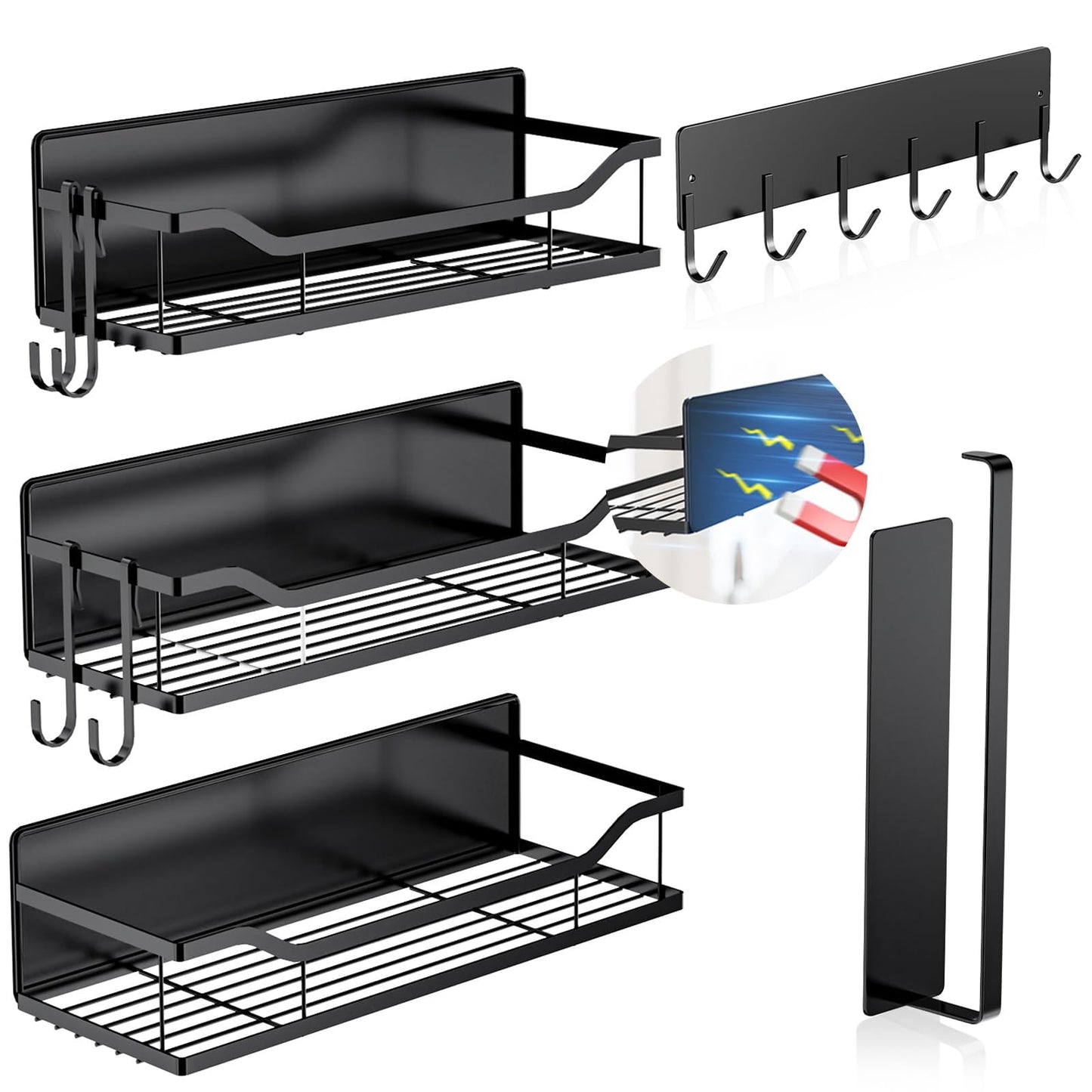 5 Pack Multifunctional Magnetic Shelves for Refrigerator Spice Rack & Washing Machine Organize, Include Paper Towel Holder, Kitchen Utensil Hanger and Hooks, Strong Magnet for Secure Hold (Black)