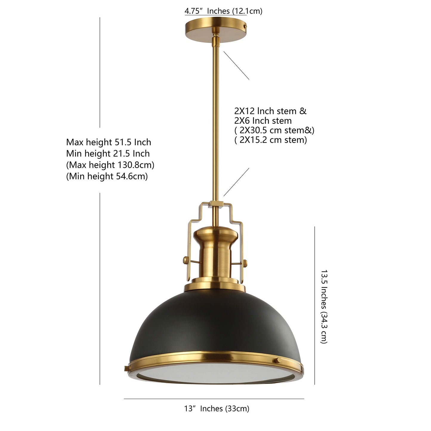 JONATHAN Y 13" Black/Brass Gold Modern Industrial Iron LED Dome Pendant Light, Adjustable Hanging Fixture for Kitchen Island or Entryway, Black Metal Shade, LED Bulb Included (JYL9536A)