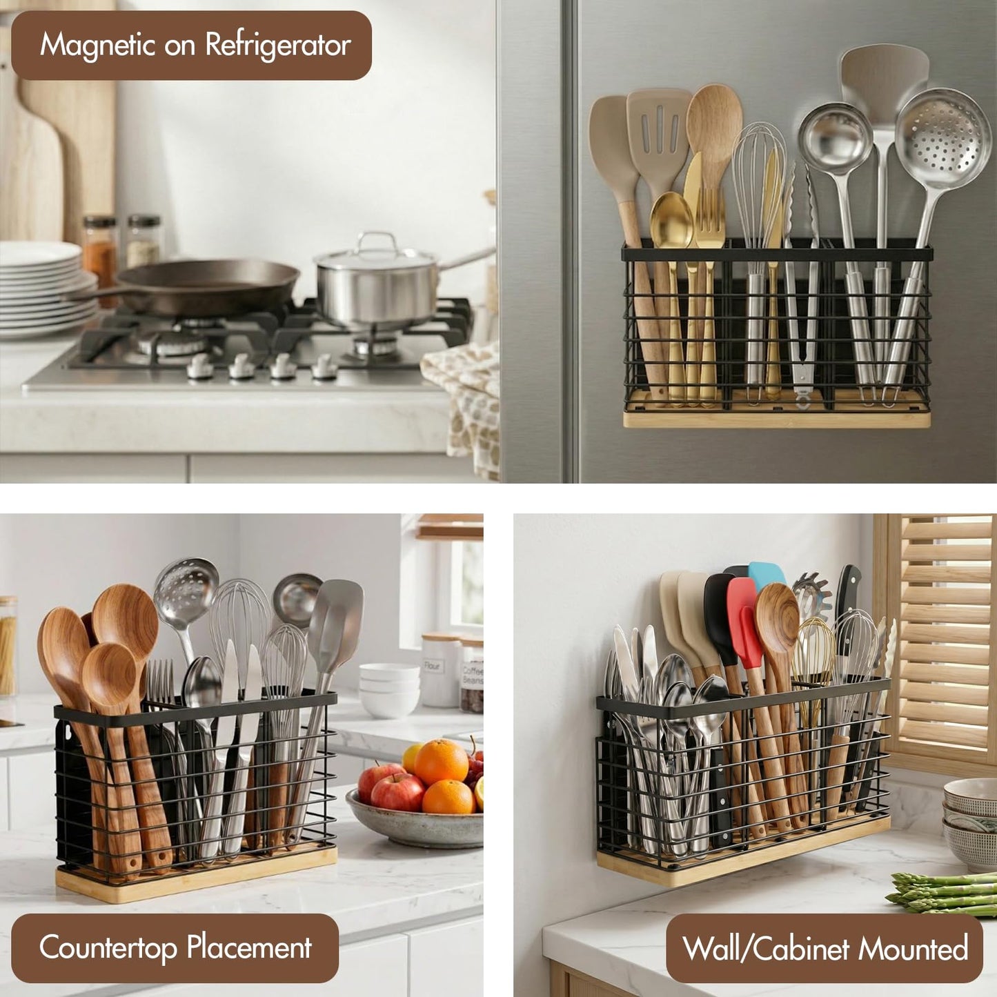 MSJGA Magnetic Utensil Holder for Fridge - 3 Compartment Wall Mounted & Countertop Metal Utensil Organizer with Bamboo Base, Kitchen Utensil Caddy for Spoons, Forks, Knives, Black