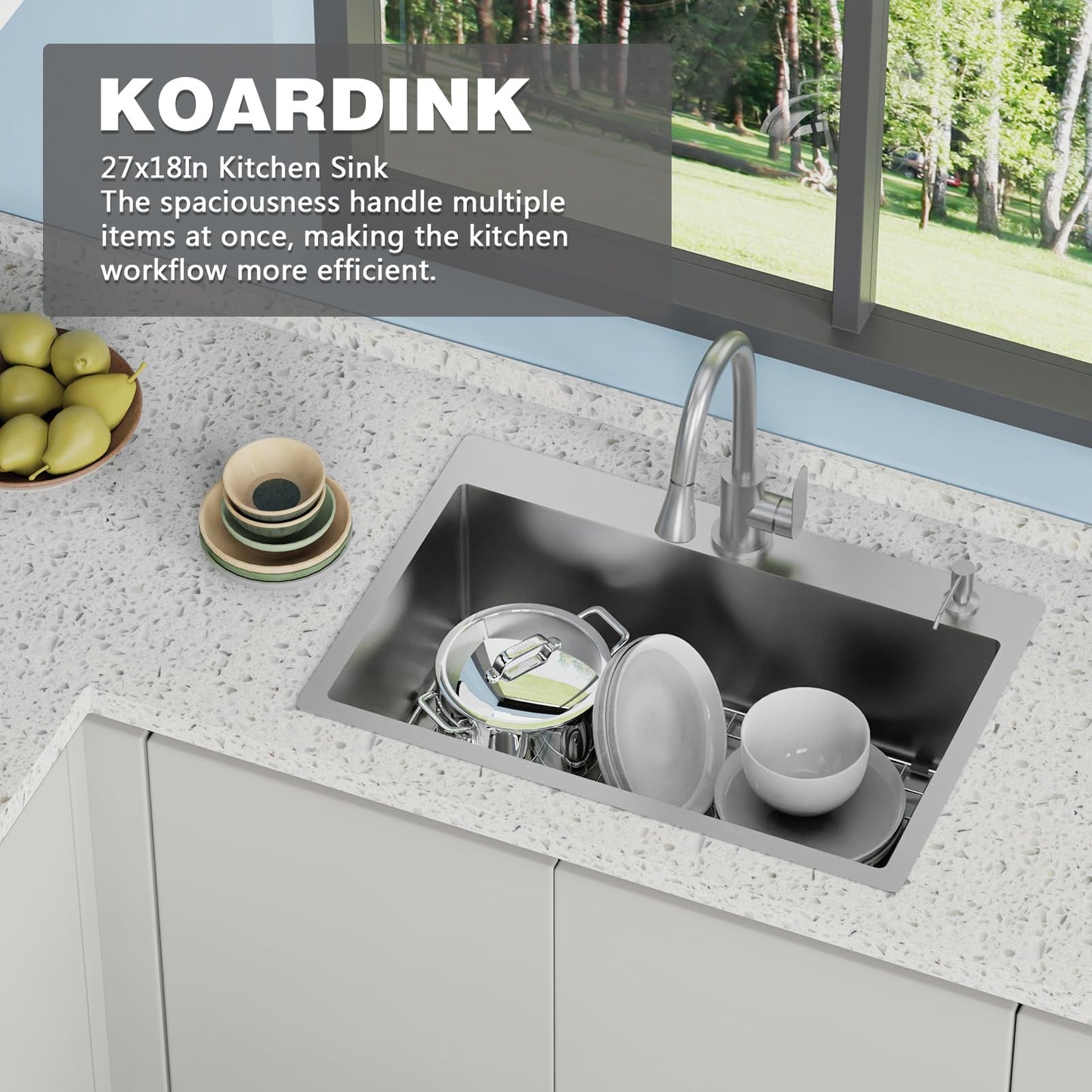 Kitchen And Bar Sink, 27x18 Inch Stainless Steel Drop In Modern Single Bowl Topmount Kitchen And Bar Sink Combo-SS Grid,Spoon Rest,Drain Strainer Set Compatibility With Various Kitchen&Bar Style