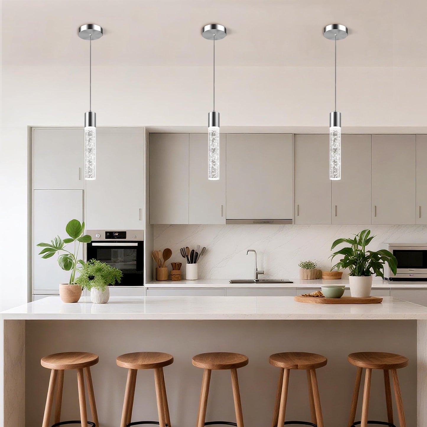 Esfos Pendant Lights Kitchen Island, 6500K Modern Kitchen Island Lights Brushed Nickel, 3 Pack Ceiling Lighting Fixtures with Crystal Bubble, Integrated LED Hanging Light for Dining Room Restaurant