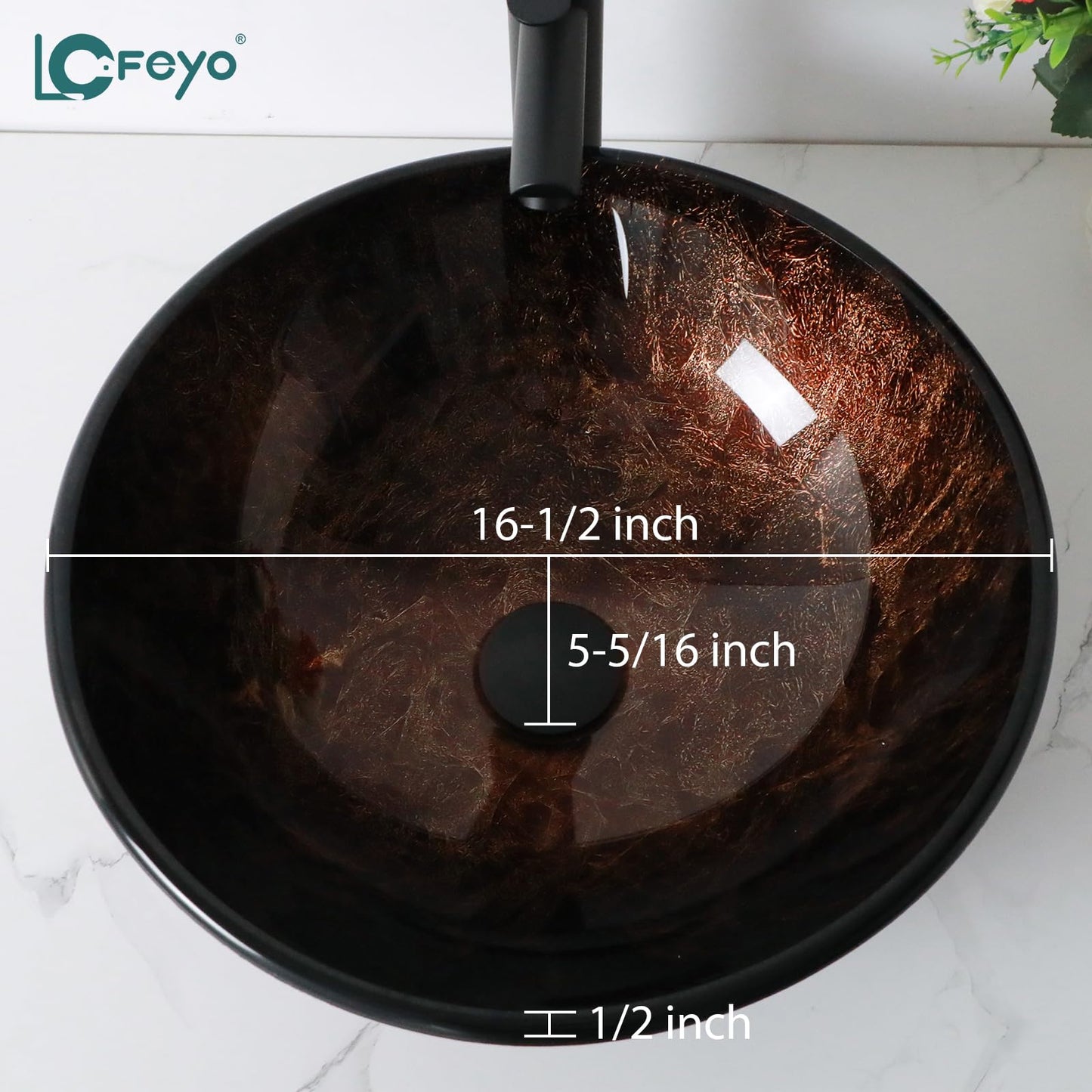 Lofeyo 17'' Brown Glass Vessel Sink with Faucet and Drain Combo 17 in Small Oval Bowl Above Counter top Bathroom Vanity Sink, Modern Artistic 5" Deep Basin