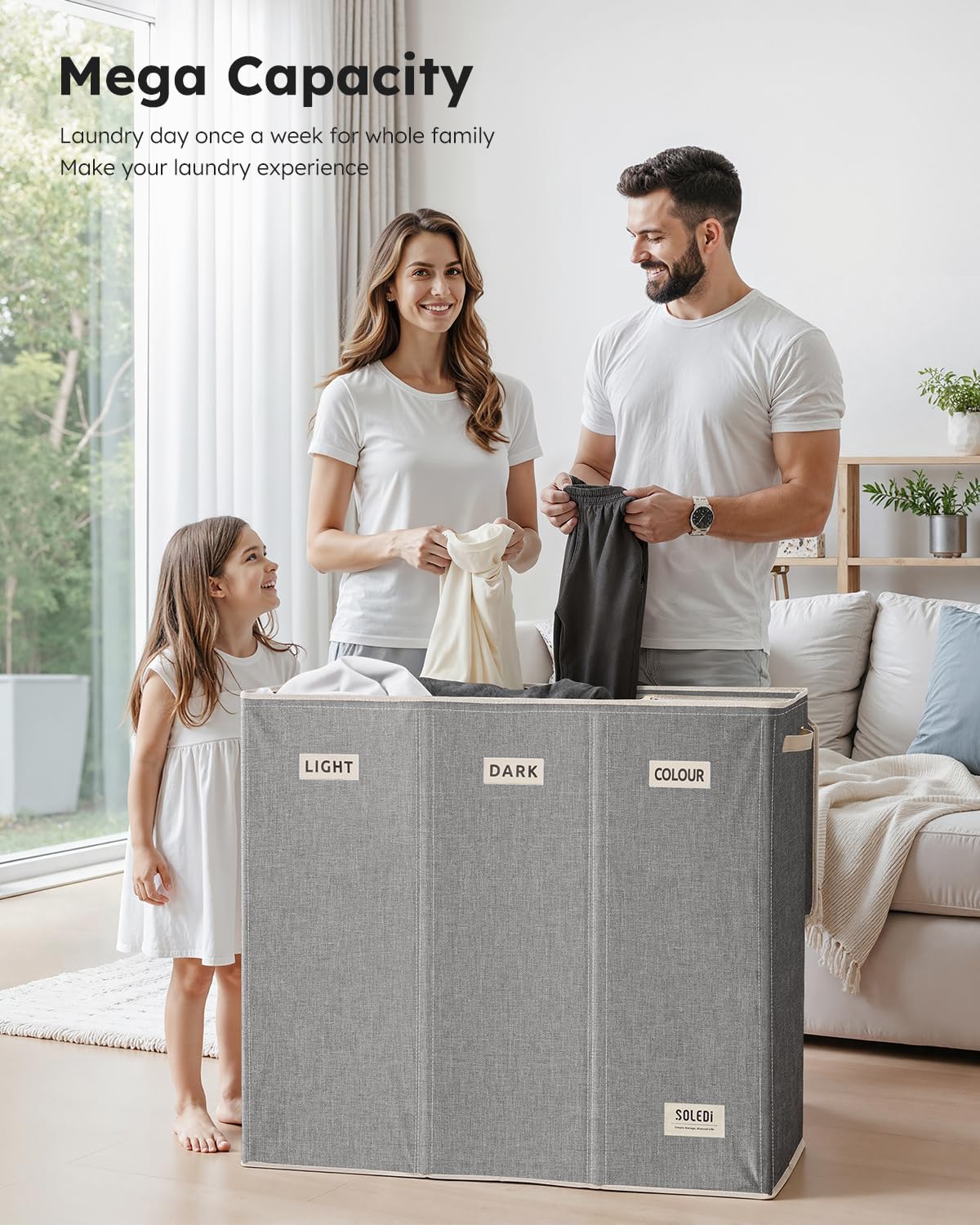 SOLEDI 200L 3-Section Laundry Hamper with Lid, Extra Large Dirty Clothes Basket with Sturdy Handles for Laundry Room & Bedroom - Durable Organizer for Sorting Laundry