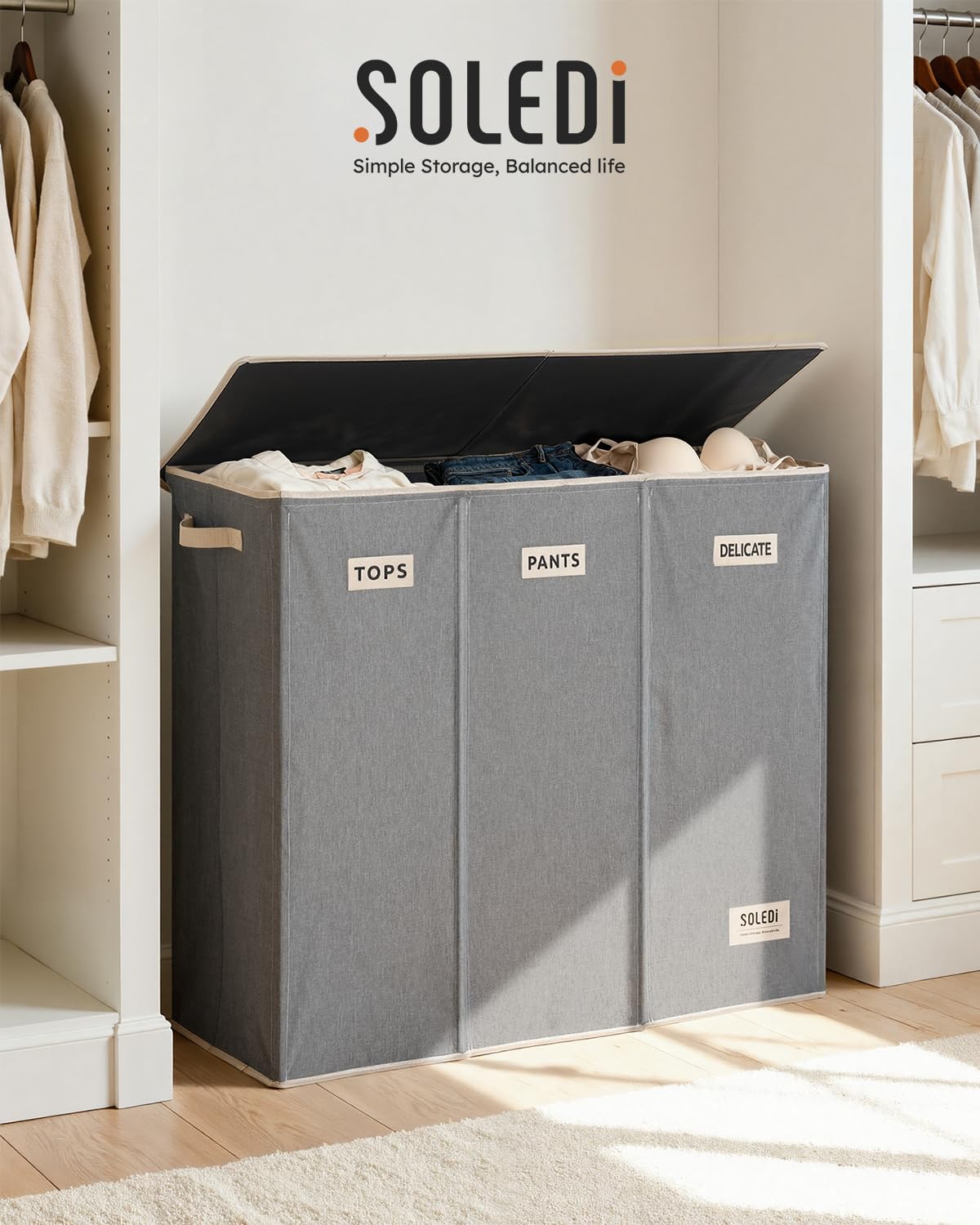 SOLEDI 200L 3-Section Laundry Hamper with Lid, Extra Large Dirty Clothes Basket with Sturdy Handles for Laundry Room & Bedroom - Durable Organizer for Sorting Laundry