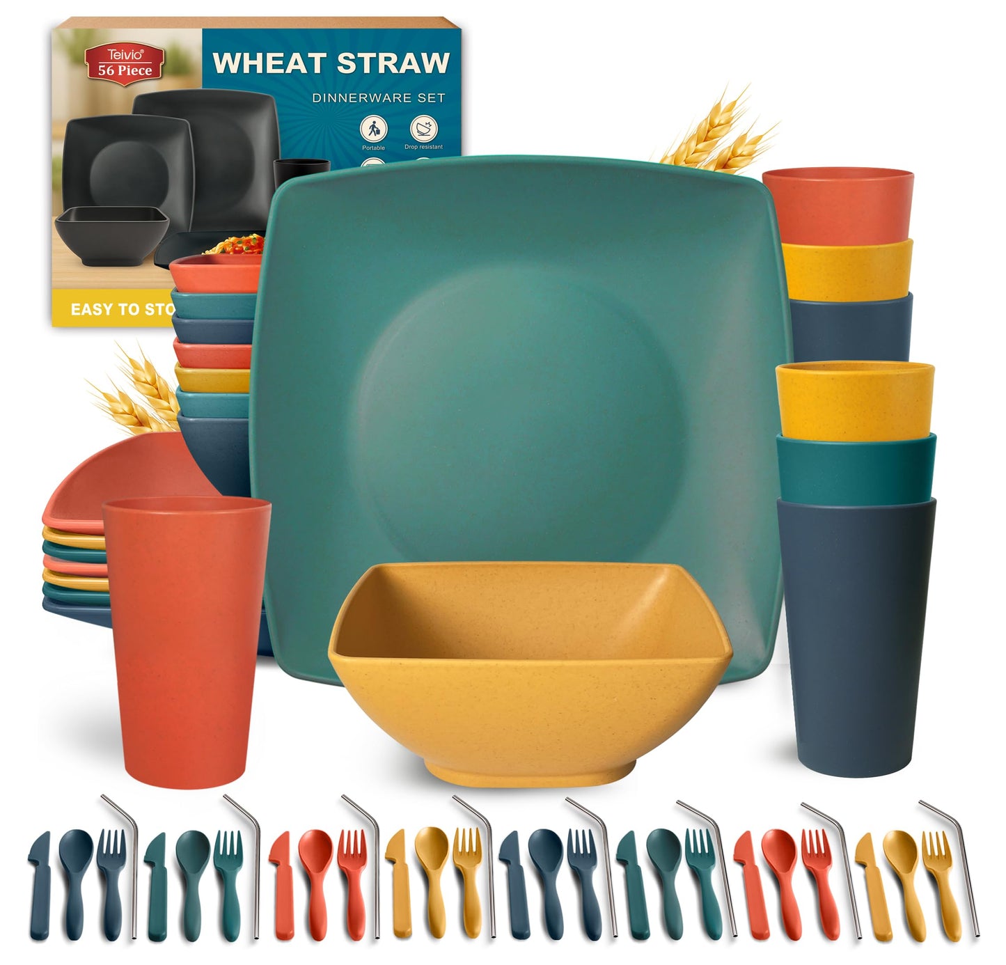 Teivio 56-Piece Plastic Wheat Straw Square Dinnerware Set for 8, Unbreakable Dinner Plates, Snack Bowls, Tumblers 13.5 oz, With Flatware,Dishwasher Safe, Outdoor Camping RV Dish, Autumn Multicolor