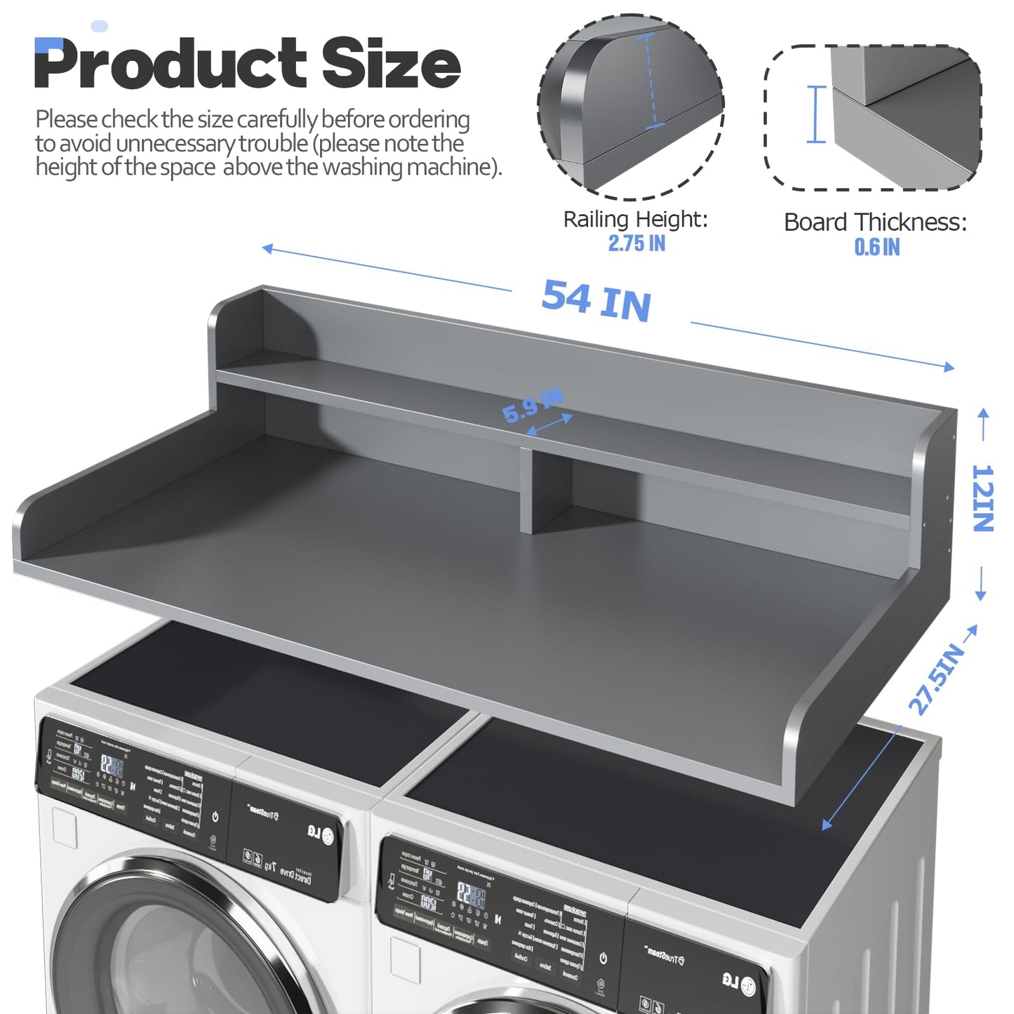 BigPonPon 2-Tier Washer and Dryer Countertop with 2.75" H Guard,54" W x 27.5" D Laundry Countertop Cover with Non-Slip Pad,Large Space Laundry Topper for Folding Clothes Over Washer and Dryer-Gray
