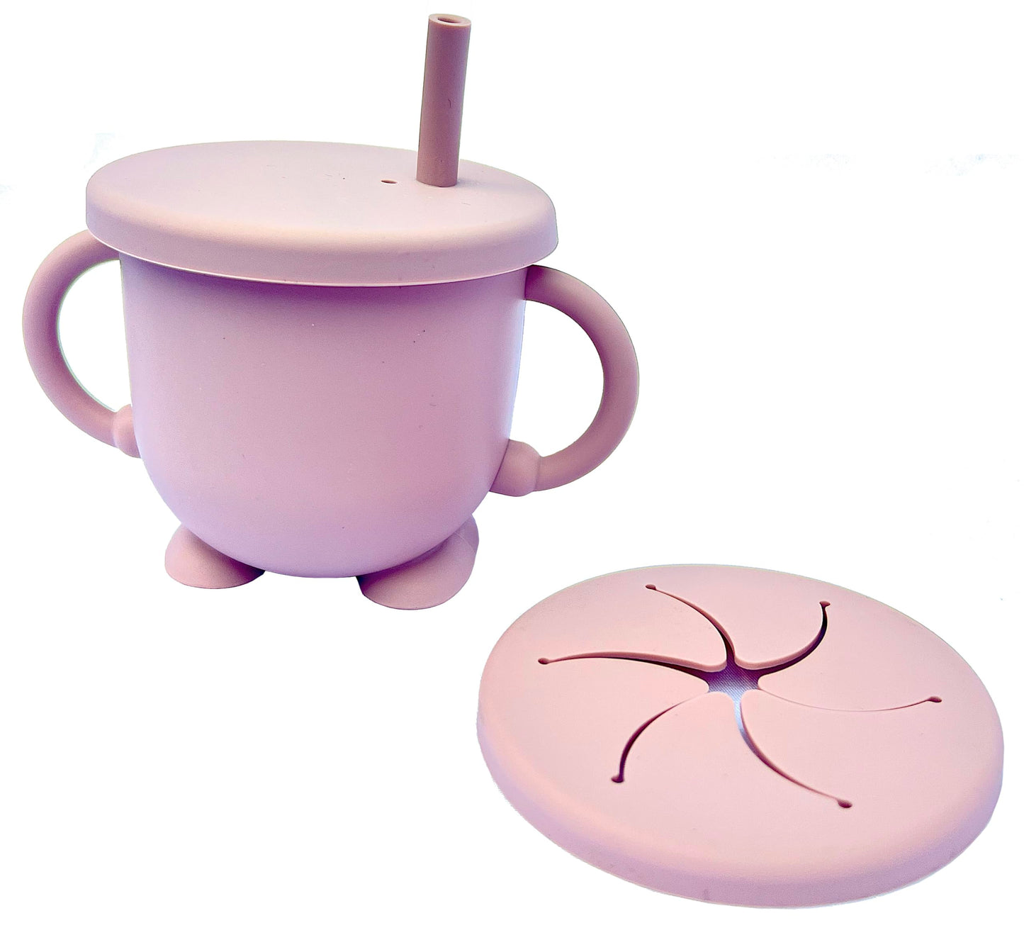 Kotaria 9 Piece Pink Toddler Silicone Dinner Set. Includes Bib, Suction Compartment Plate with lid, Cup with Straw and lid for Snack time, Bowl, Fork and Spoon.