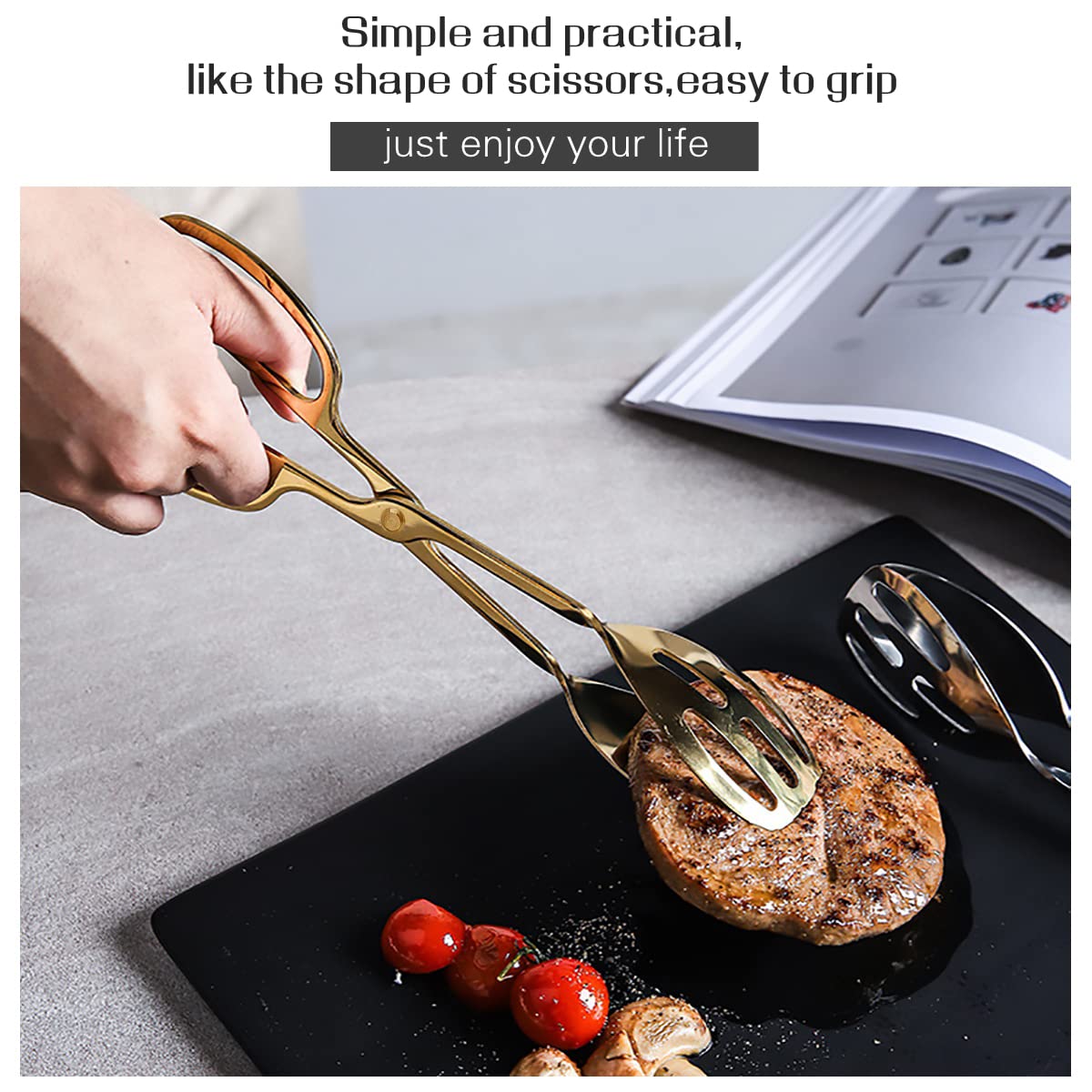 IAXSEE 2 Pieces Buffet Salad Tongs for Kitchen Serving and Cooking, Stainless Steel Food Scissor Tongs, Catering Utensil for Bread Cake Bake Steak Barbecue (Gold)