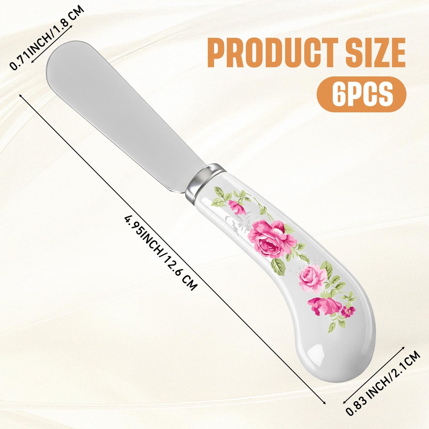 Yiyiring 6 Pack Floral Cheese Spreaders 4.95" Stainless Steel Butter Knife with Ceramic Handle for Jam, Pastry, Butter Knife - Holiday Silverware & Festive Kitchen Cutlery