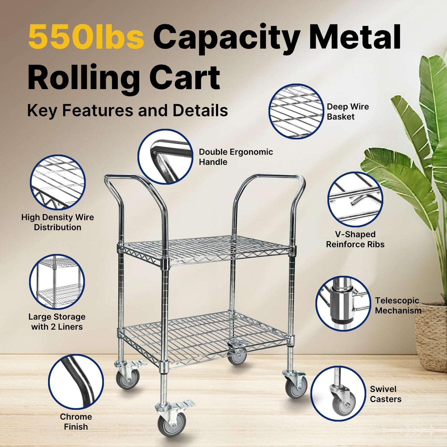 Northsky 2-Shelf Wire Utility Cart on Wheels, Chrome Finish Rolling Metal Shelving with Wheels, 550lb Capacity, 24" x 18" x 38", 2 Tier Rolling Cart for Kitchen Bar Storage Use