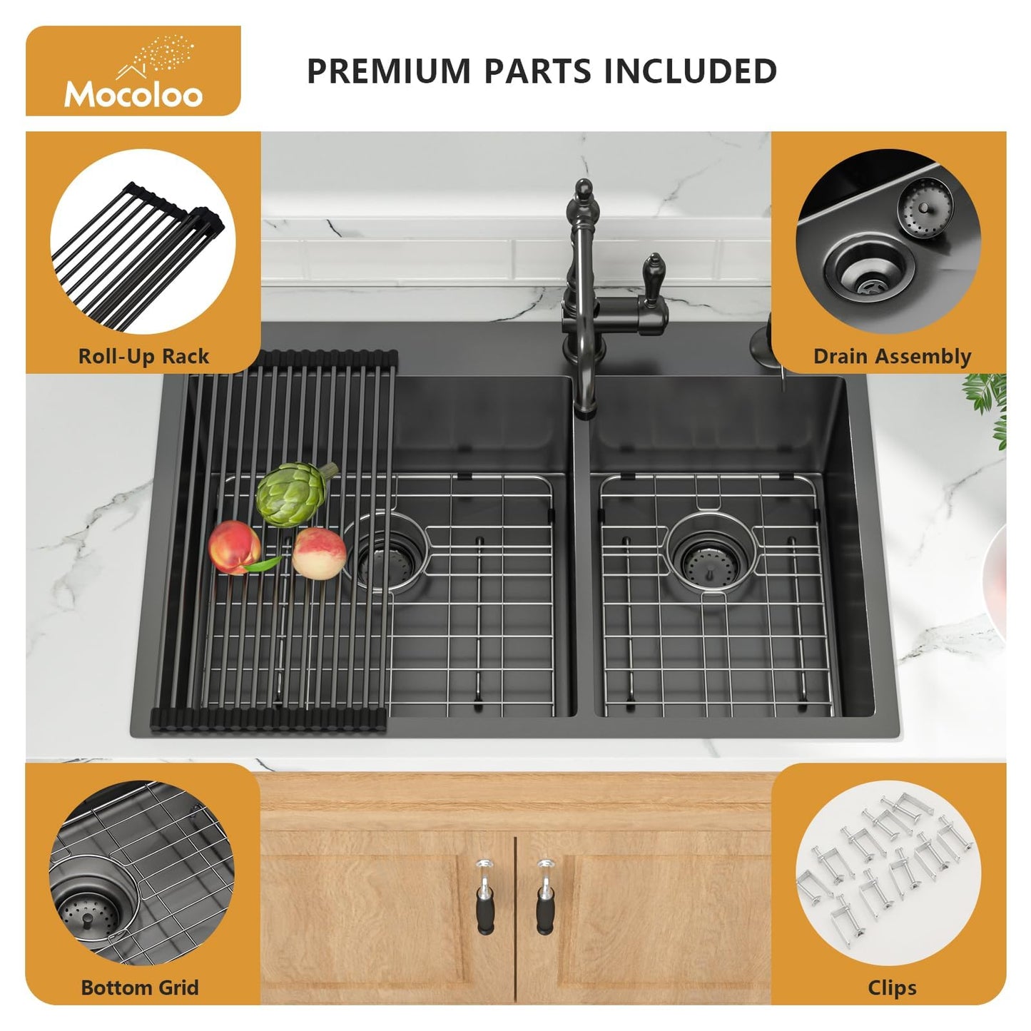 Mocoloo 33 Black Drop In Kitchen Sink 33x22 Inch Gunmetal Black Stainless Sink Double Bowl 60/40 Topmount 16 Gauge Kitchen Sink Handmade Basin