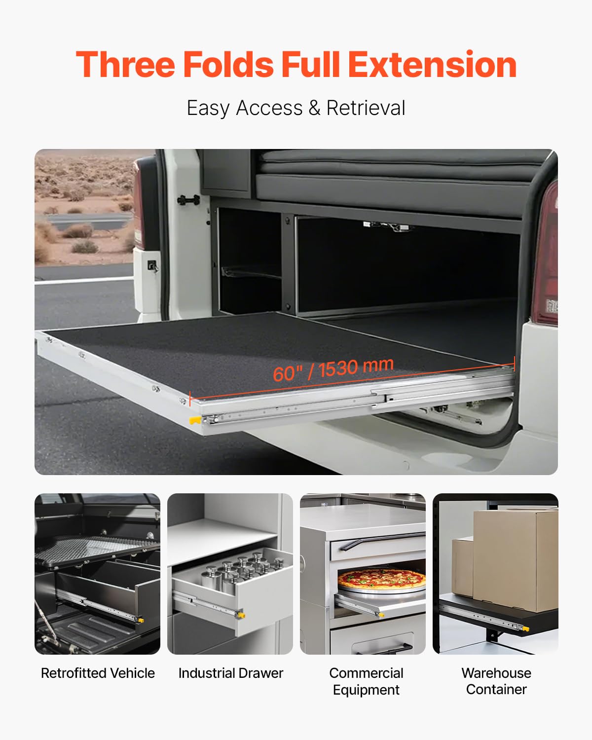 VEVOR Heavy Duty Drawer Slides 60inch, 1 Pair Locking Drawer Slides 250lbs Load Capacity, Side Mount Ball Bearing, 3-Fold Full Extension