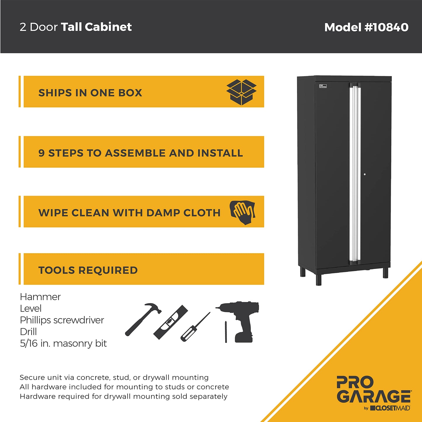 ClosetMaid ProGarage Tall Cabinet with Two Doors, Lock and Adjustable Shelves, for Garage Storage, Heavy Duty Steel, Black
