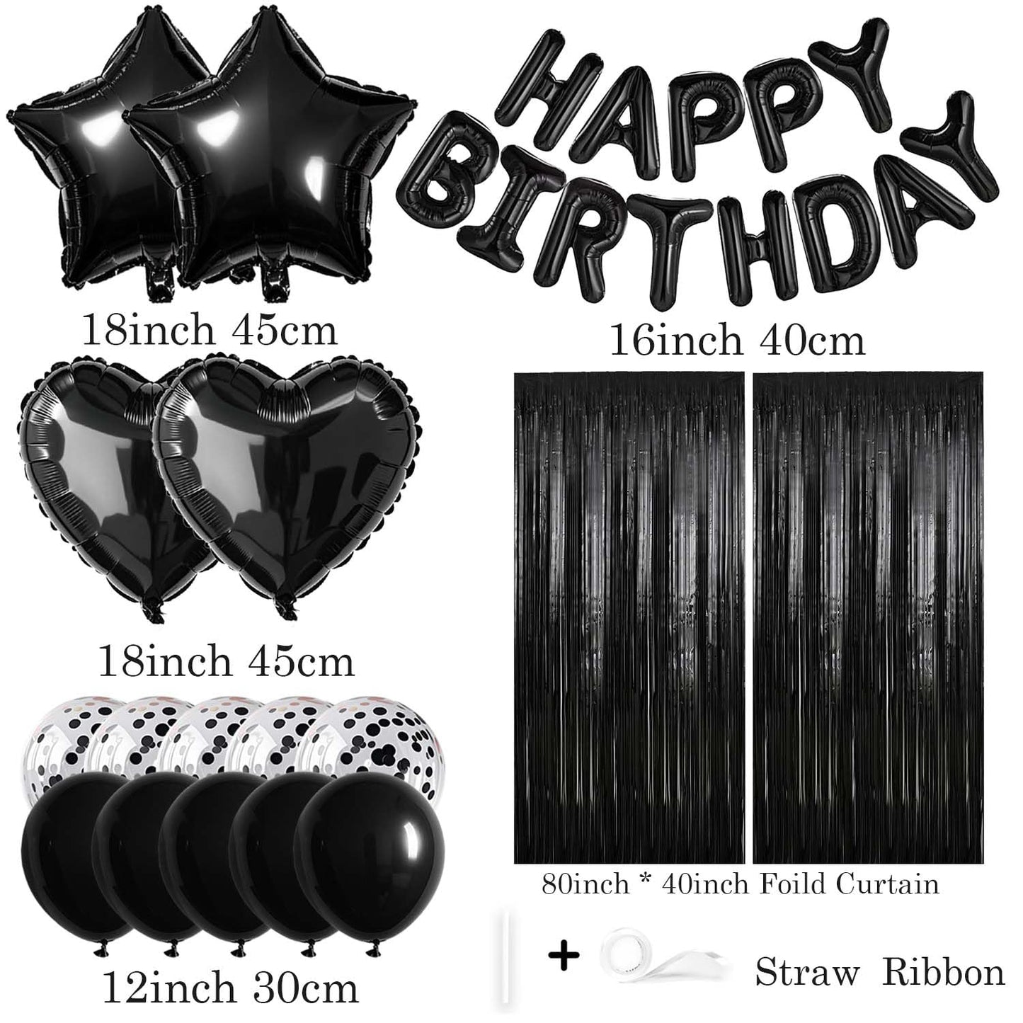WEIKA 29 Pcs Black Birthday Party Decorations - Happy Birthday Balloons Banner, Heart & Star Foil Balloon, Confetti & Latex Balloons, Foil Fringe Curtains Party Supplies for Men