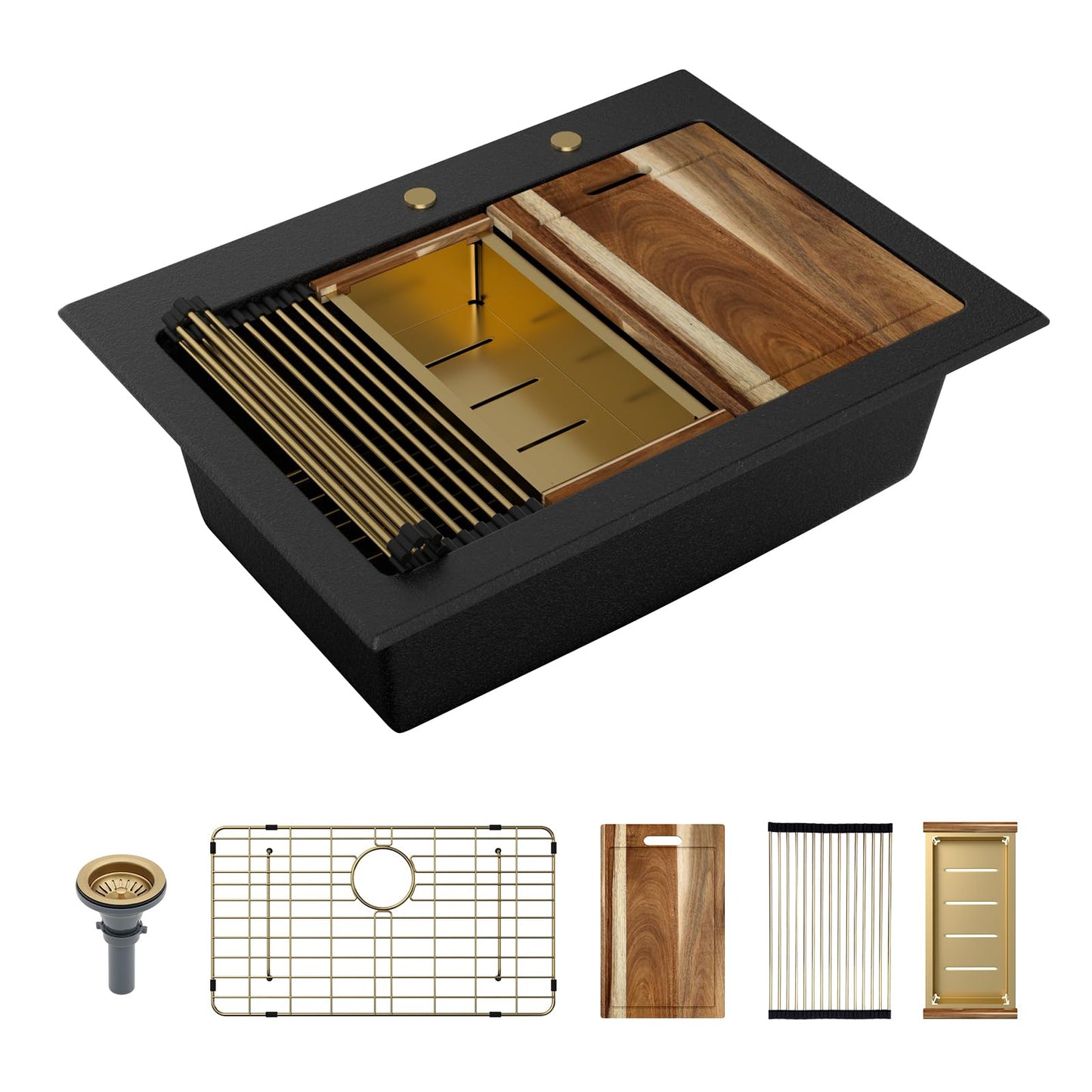 Sarlai 30 Granite Composite Black Kitchen Sink - 30"x22" Drop In Kitchen Sink Ledge Workstation Black Granite Quartz Composite Top-Mount Single Bowl Sinks Basin with Gold Accessories