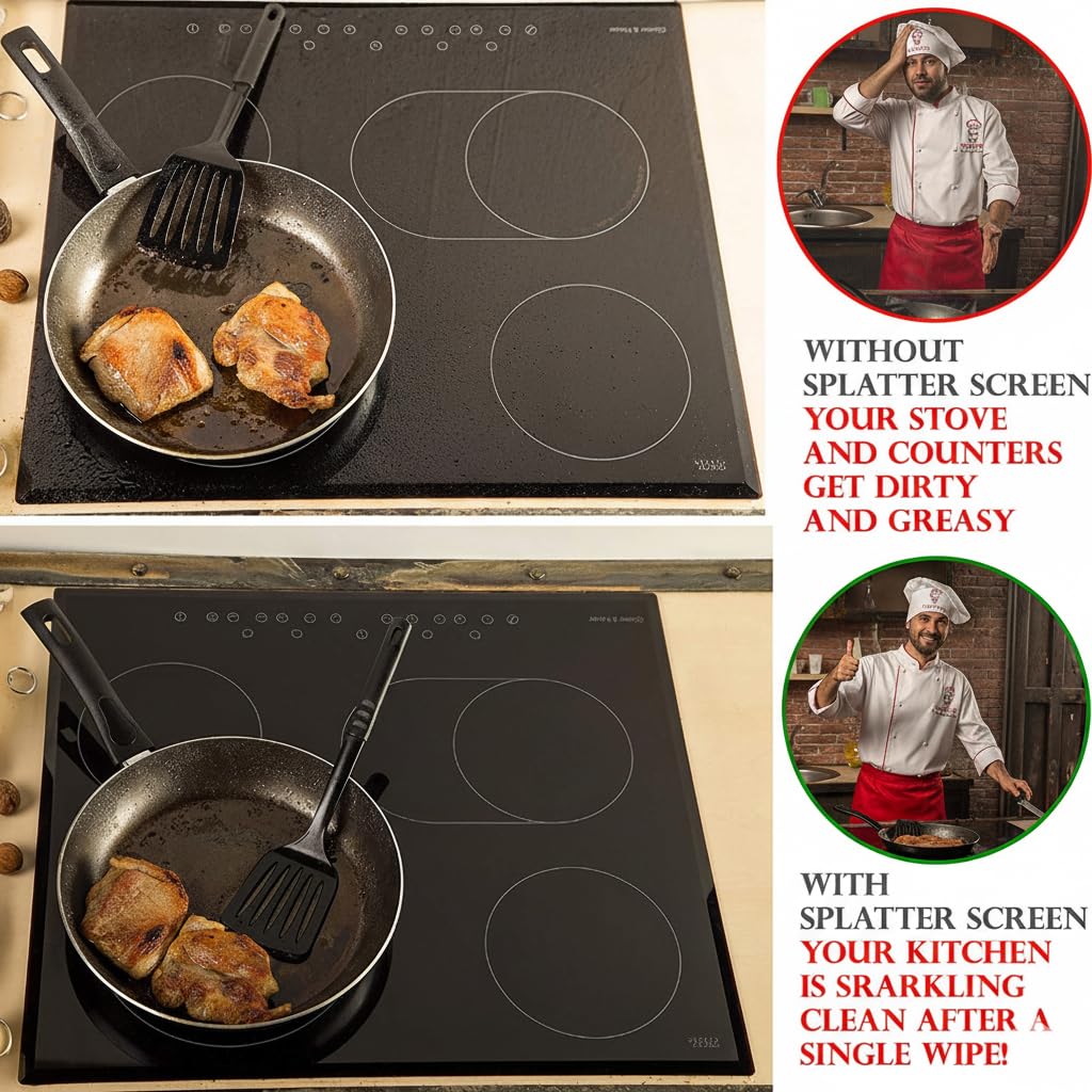 Grease Splatter Screen for Frying Pan 13 inch - Stops 99% of Hot Oil Splash - Protects Skin from Burns - Splatter Guard for Cooking - Iron Skillet Lid Keeps Kitchen Clean, includes Silicone Spatula