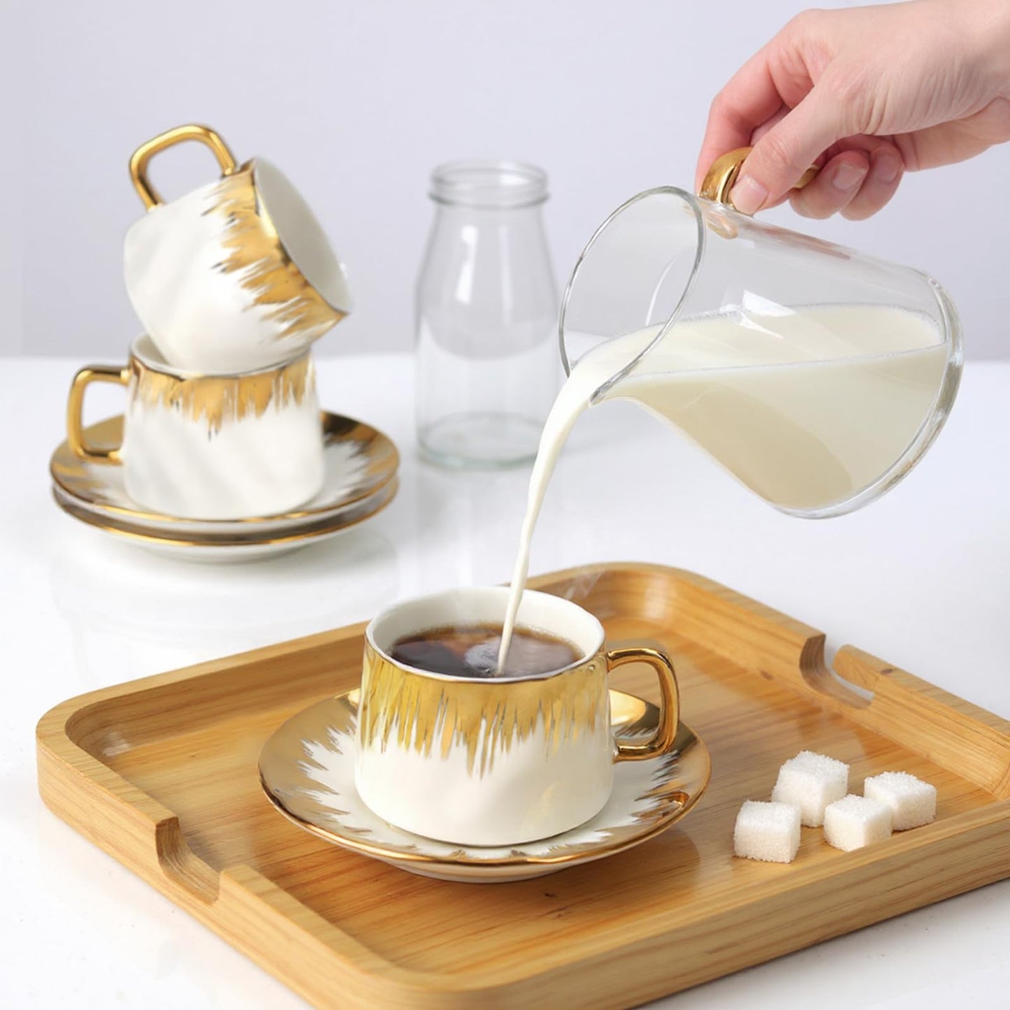 Hebaogugu Coffee Cup Set of 6 with Saucers, 3.5 OZ Ceramic Espresso Cups Set, Gold Trim Turkish Coffee Cup Gift for Cappuccino, Latte, Cafe Mocha and Tea, Dishwasher & Microwave Safe