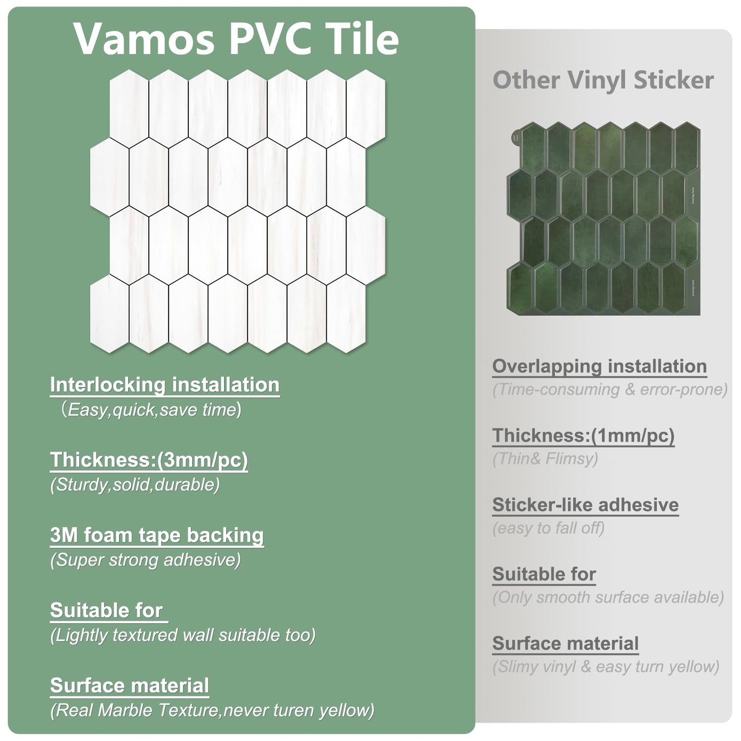 Vamos Tile Long Hexagon Peel and Stick Backsplash Tile - 10 Sheets Stick on Backsplash for Kitchen and Bathroom 12.4 x 12 Inch Dolomite Marble Look PVC Self Adhesive Mosaic Wall Tiles