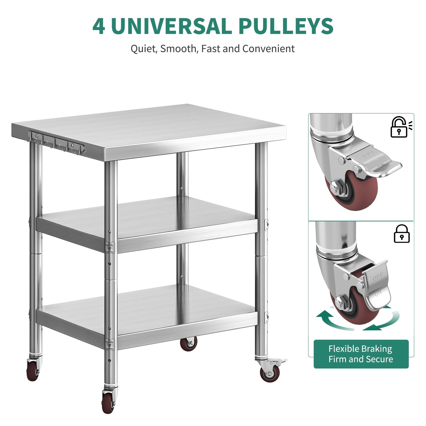 YITAHOME NSF Stainless Steel Table, 30" X 24" Work Table with Wheels, 3 Shelves Metal Table Prep Table for Home Kitchen Restaurant Garage Warehouse Outdoor