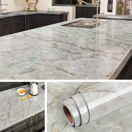 Livelynine 36 Inch Wide Marble Contact Paper for Countertops Waterproof Glossy Light Green Marble Wallpaper Peel and Stick Countertop Kitchen Counter Top Covers Laminate Counter Top Vinyl Wrap Table