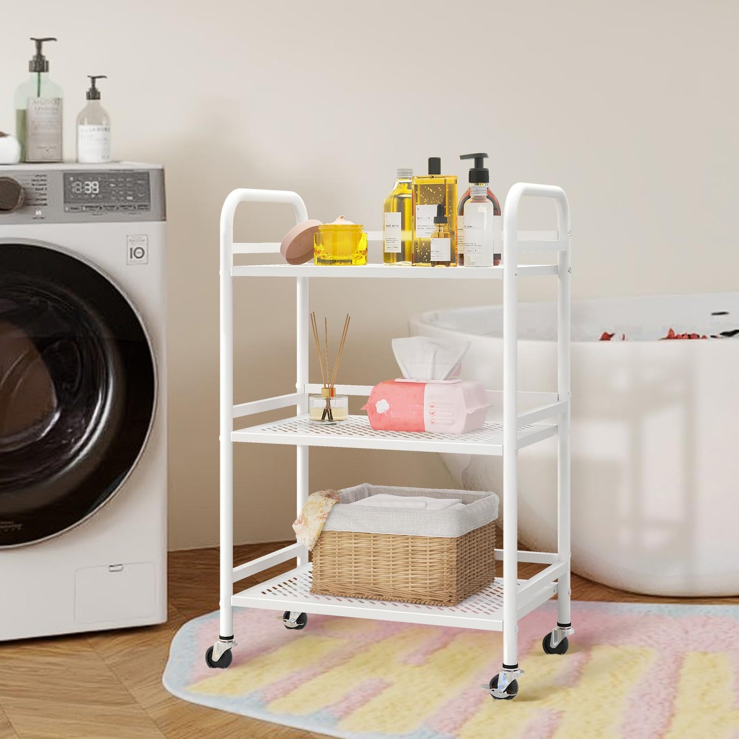 HDANI 3 Tier Rolling Cart,Heavy Duty Multifunctional Metal Frame-Supports 22 Lbs Per Tier,Rolling Cart with 2 Lockable Wheels for Office,Home,Bedroom,Kitchen,Bathroom (White)…