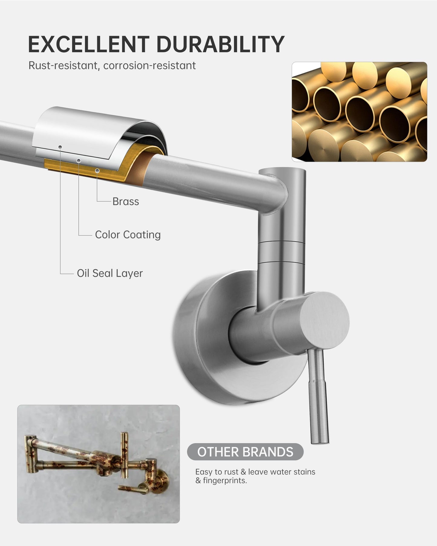 Fransiton Brushed Nickel Pot Filler, Pot Filler Faucet Wall Mount, Brass Folding Stretchable with Double Joint Swing Arm Single Hole Two Handles Kitchen Restaurant