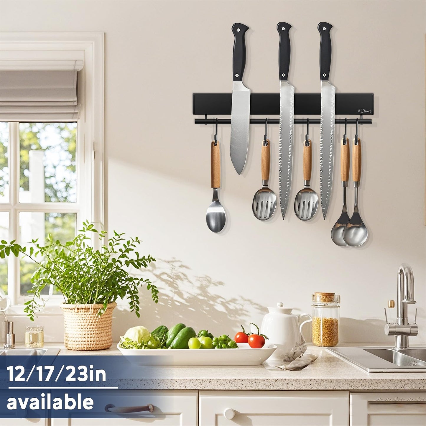 Dmore magnetic knife holder for wall—with 5 hooks, No Drilling 12 Inch black knife magnetic strip, Extra Strong Magnet knife rack, include Adhesive Tape and screws for Knives and Tools