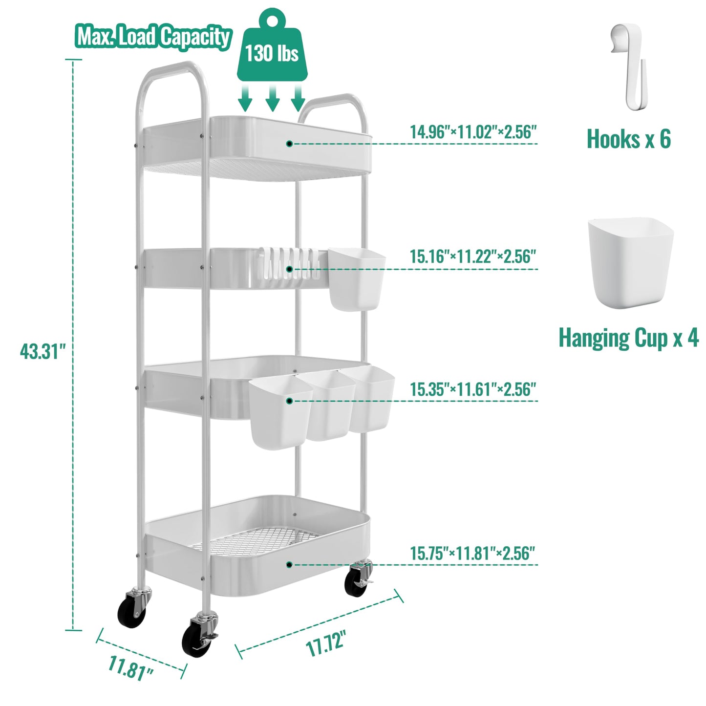 Ytmshisan 4-Tier Metal Rolling Cart with Wheels, Storage Utility Organizer Cart for Kitchen, Bathroom, Office, Baby Essentials & Makeup - Lockable Casters, Easy Assembly, Large Capacity, White