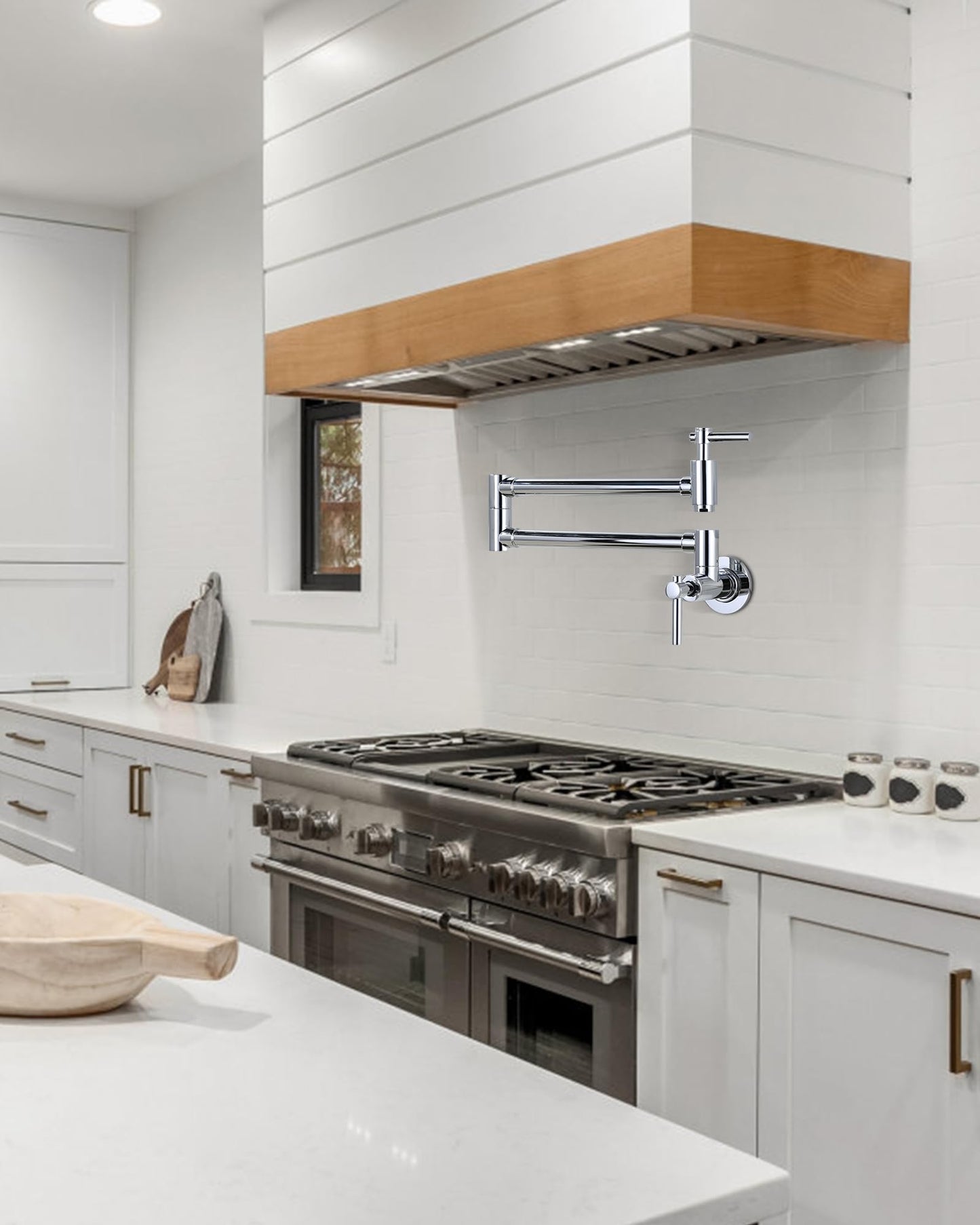 iVIGA Wall Faucet, Pot Fillers Wall Mount for Kitchen, Solid Copper Chrome Pot Filler Single Hole Folding Faucet with Double Joint Swing Arm Pot Filler Over Stove