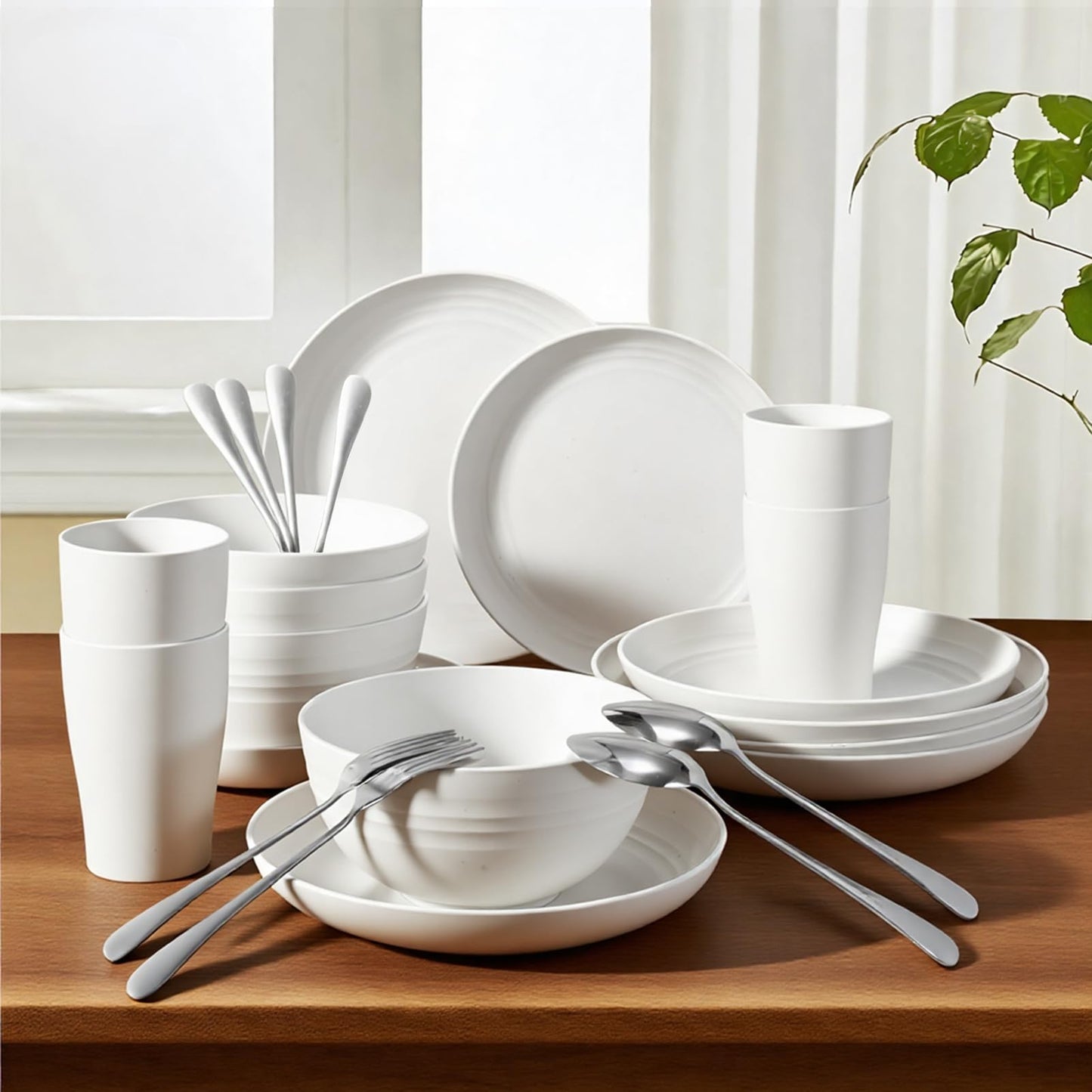 24 Pcs Dinnerware Set- Dinner Plates Set- Picnic & Camping- Unbreakable & Reusable- Includes 4x 9in, 4x 8in Plates, 4x 6in Bowls, 4 Cups, 4 Stainless Steel Forks and Spoons- Kitchen, Dorm, Office