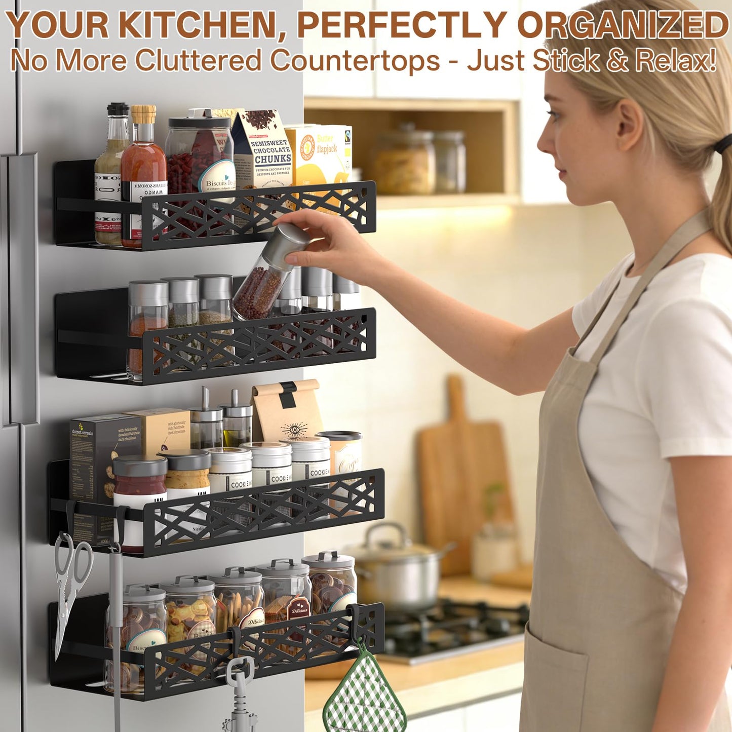 DTUQYX 4 Pack Magnetic Spice Rack for Refrigerator, Heavy Duty Metal Magnetic Fridge Spice Rack Organizer with 4 Hooks, No Drilling Rustproof Spice Storage for Kitchen Organization,11LB Load Capacity
