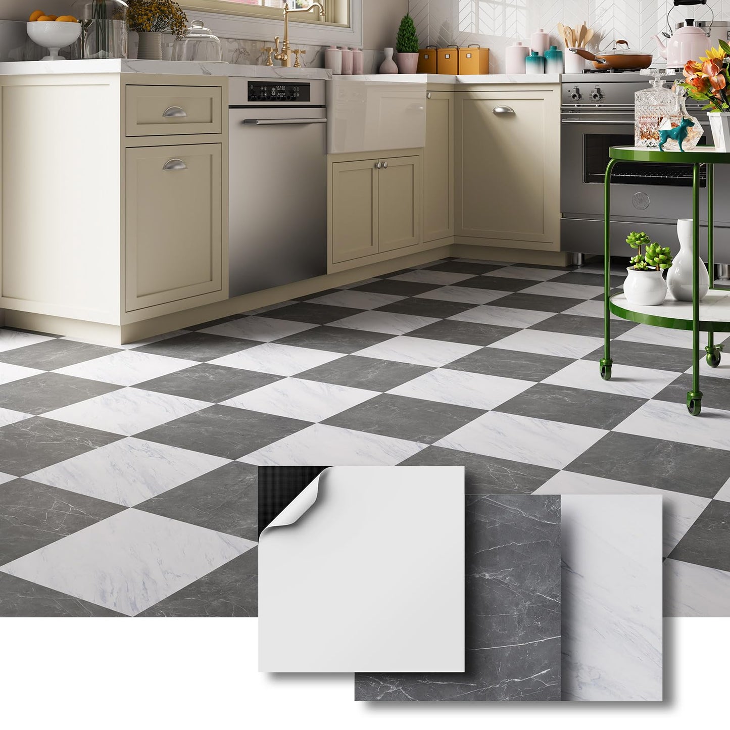 ATOPOSE Peel and Stick Floor Tile Waterproof,30-Pack 12x12 Inch,Checkered Marble Texture Vinyl Tiles,Easy DIY for Kitchen, Dining Room,Bathroom,Cover 30 Sq. Ft(Grey/White Marble,15 Tiles Per Color)
