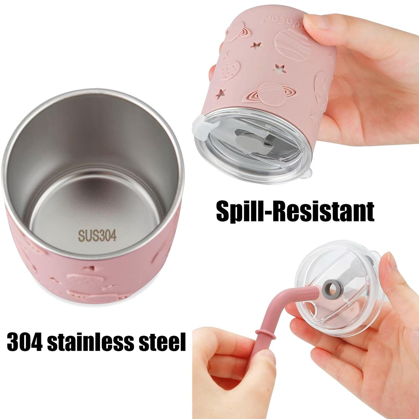PandaEar Stainless Steel Baby Feeding Set | 2 Divided Suction Plates, 2 Spill-Proof Straw Cups with Silicone Sleeves, 2 Forks & 2 Spoons | Toddler Utensils for Baby Led Weaning, BPA-Free (Pink)