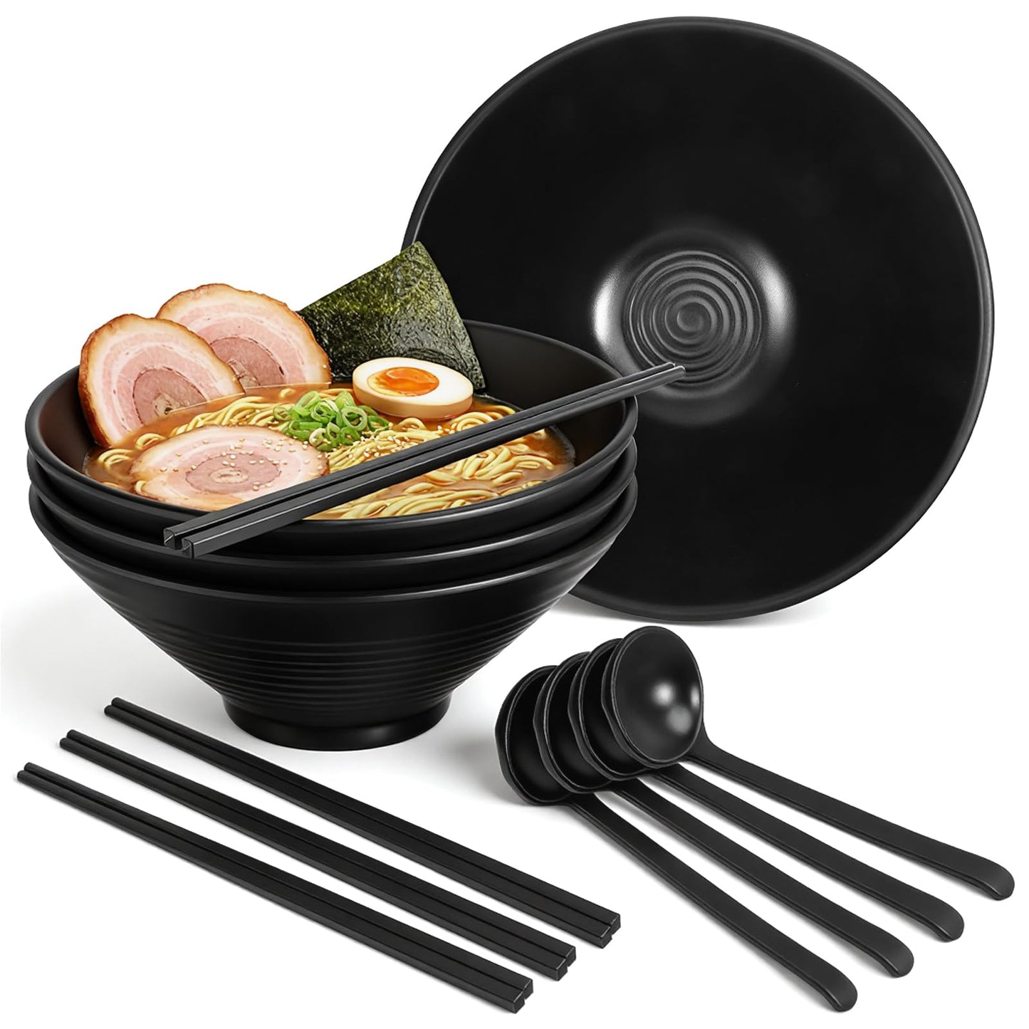 Lyksgir Set of 4 Ramen Bowl Sets, Japanese Style Melamine Bowls and Spoons Set, Black Large Noodle Soup Bowls Sets with Spoons and Chopsticks for Pho Thai Udon Soup Noodles Rice (Black 54 oz)