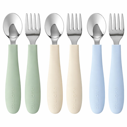 ASOMIC Toddler Utensils, 6-Piece Kids Silverware Set with Silicone Handles, 3 Forks & 3 Spoons, Premium 316 Stainless Steel, Dishwasher Safe (Sage/Sky Blue/Ivory)