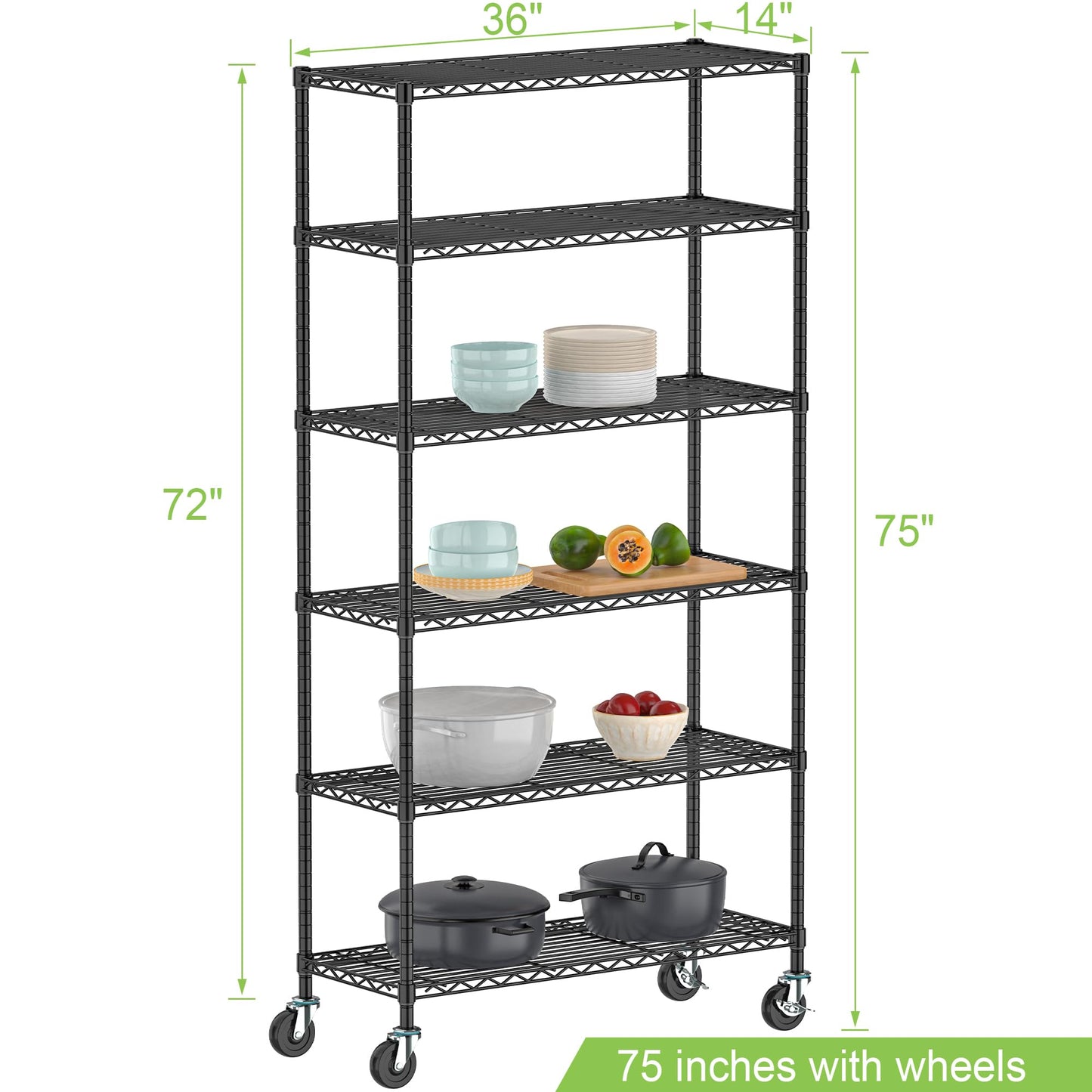 Alexayhome Heavy Duty Wire Metal Shelving with Wheels 6 Tier Garage Storage Utility Rolling Shelves Rack Unit Industrial Adjustable Sturdy Shelving for Kitchen Garage Pantry Bathroom Laundry