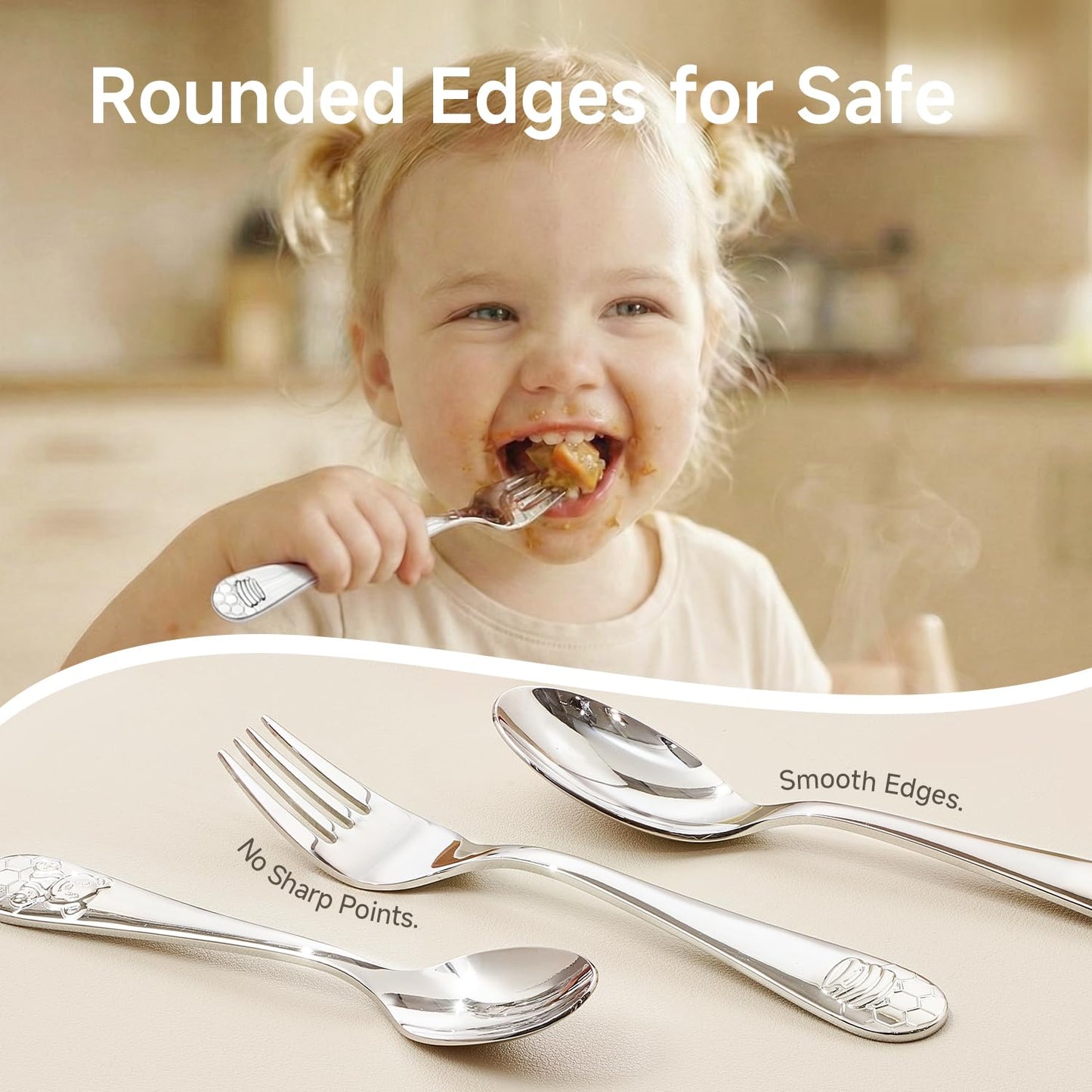 KINGSTONE Toddler Utensils Set, 12-Piece Small Forks & Spoons, 18/10 Stainless Steel, Ergonomic Self-Feeding Children’s Flatware for Home & Preschool, Honey Bear Print