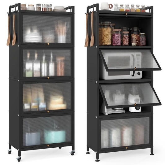 Giantex 5-Tier Kitchen Storage Cabinet, Mobile Microwave Stand with Flip-up PC Doors, Freestanding Kitchen Bakers Rack with 4 Rolling Casters, for Dining Room, Living Room and Study, Black