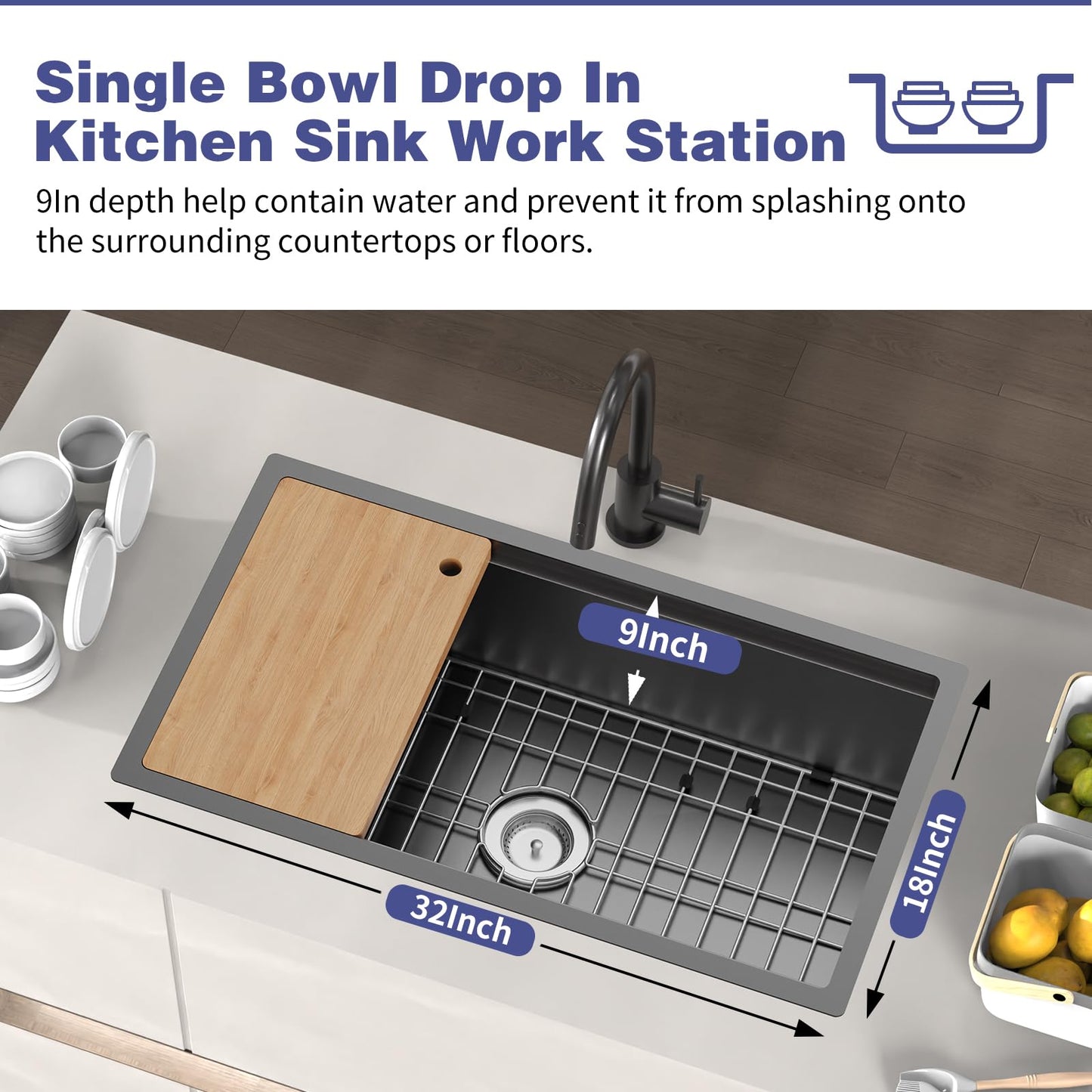 Black Kitchen Sink Workstation,32"x18" Stainless Steel Undermount Single Bowl Sink Built-in Ledge Drop In Workstation Sink Design For Placing/Sliding Accessories-Cutting Board,Drying Rack