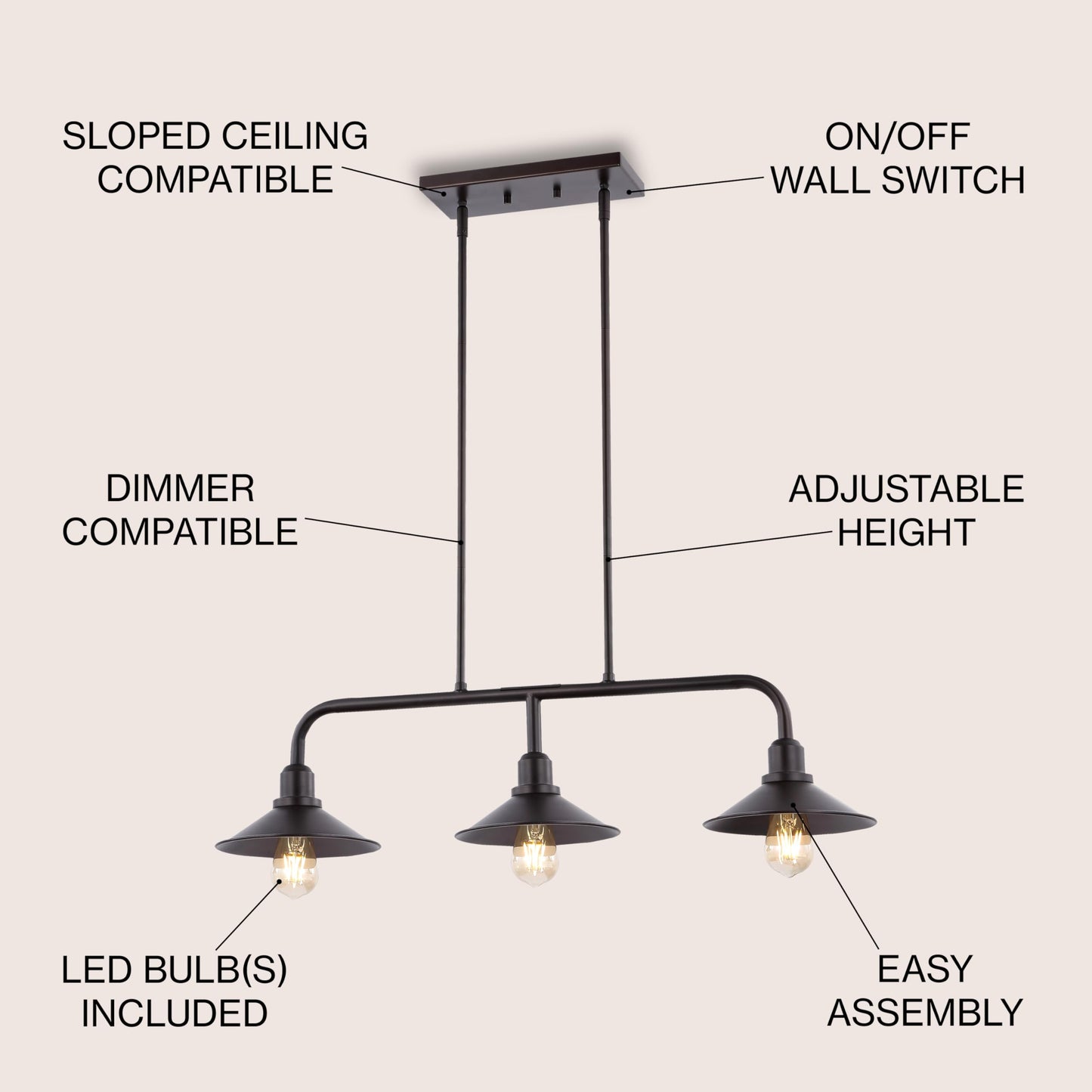 JONATHAN Y 34.25" Oil Rubbed Bronze 3-Light Pendant for Kitchen Island, Modern Farmhouse Industrial Metal Ceiling Light with LED Bulbs, Iron Shade (JYL1113A)