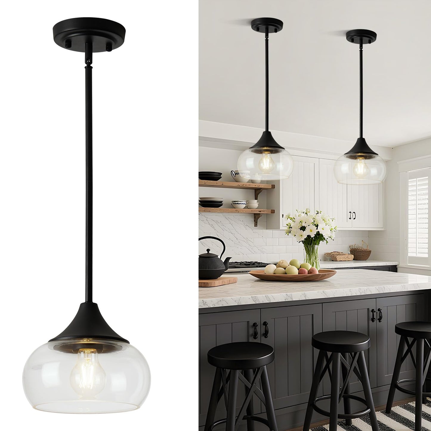 Modern Pendant Lights for Kitchen Island, Black Pendant Light Fixtures with 8.5" Clear Glass Shade, Industrial Hanging Pendant Lights Fixture for Kitchen Island Dining Room Bedroom Entryway 1 Pack
