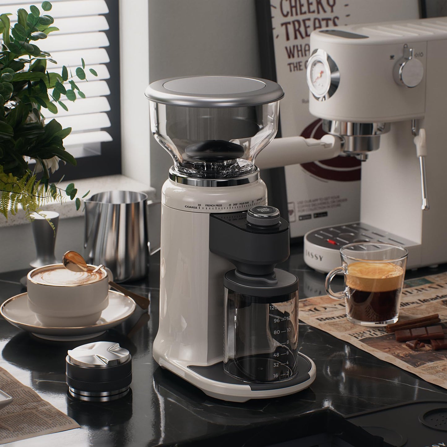 Electric Burr Coffee Been Grinder with Adjustable 24 Precise Grind Settings, 40s Digital Timer for French Press, Espresso, and Drip Pour Over, Home Use (White)