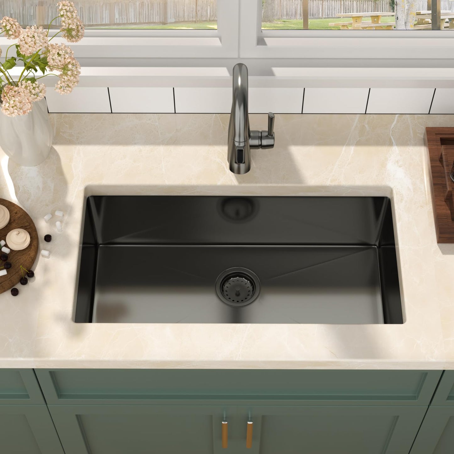 Mocoloo 30 Inch Undermount Kitchen Sink - 30"x16" Black T304 Stainless Steel Handmade Single Bowl Deep Basin Under Counter Sink with Drain Assembly
