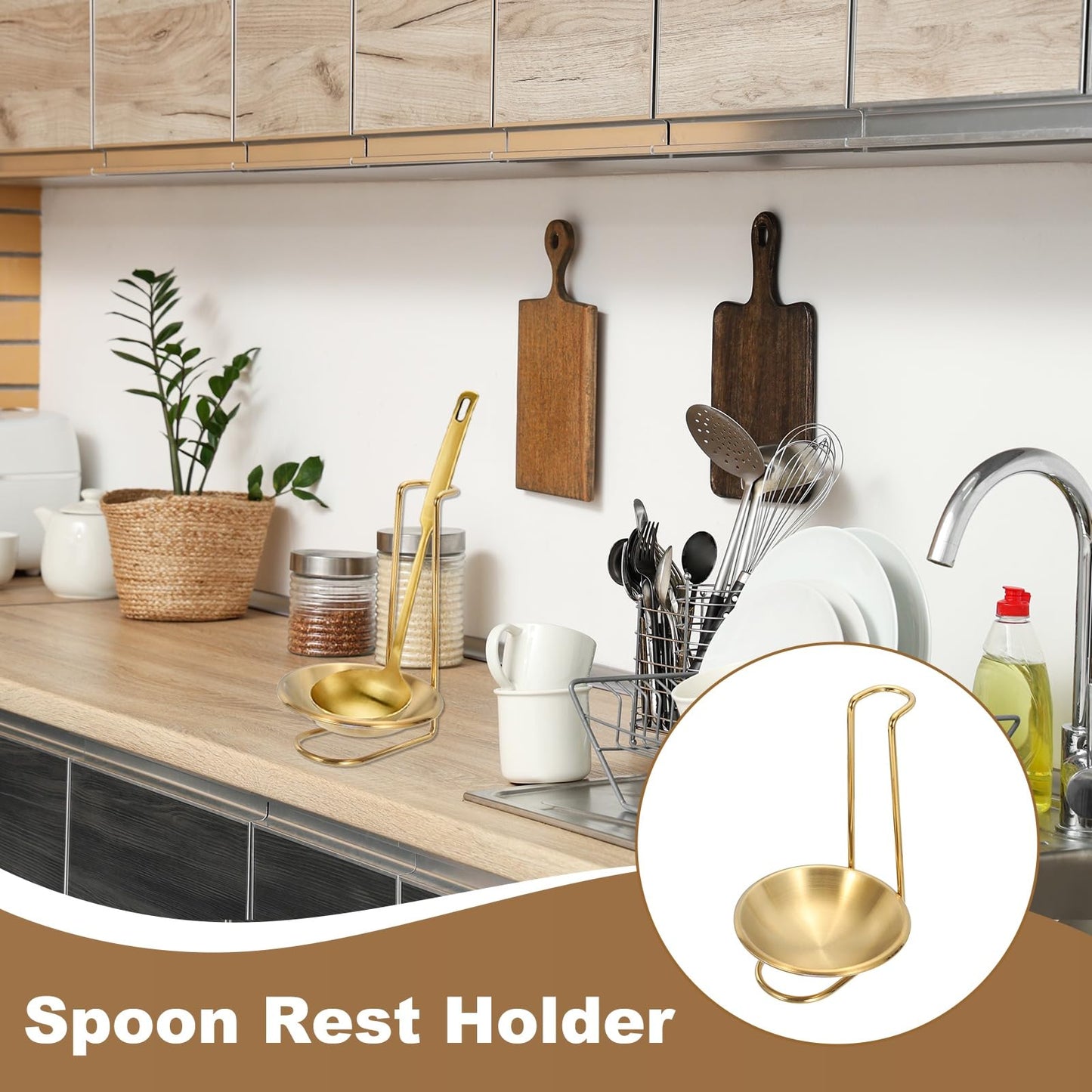 uxcell Spoon Rest Holder, 4.3x4.3x7 Inch Stainless Steel Upright Ladle Rack Set with Round Stainless Steel Bowl, Portable Upright Spoons Rest for Home Kitchen Restaurant Counter, Gold