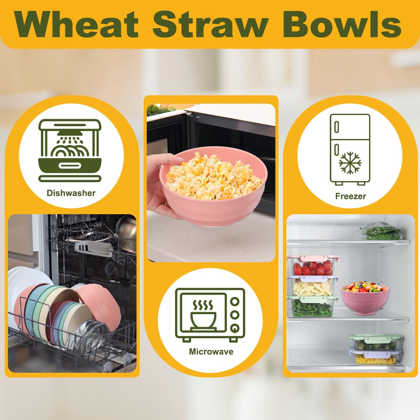 uxcell 8Pcs Unbreakable Straw Bowls, 7.9" Reusable Dinnerware Microwave and Dishwasher Safe Bowl for Kitchen Camping Picnic Serving, Green